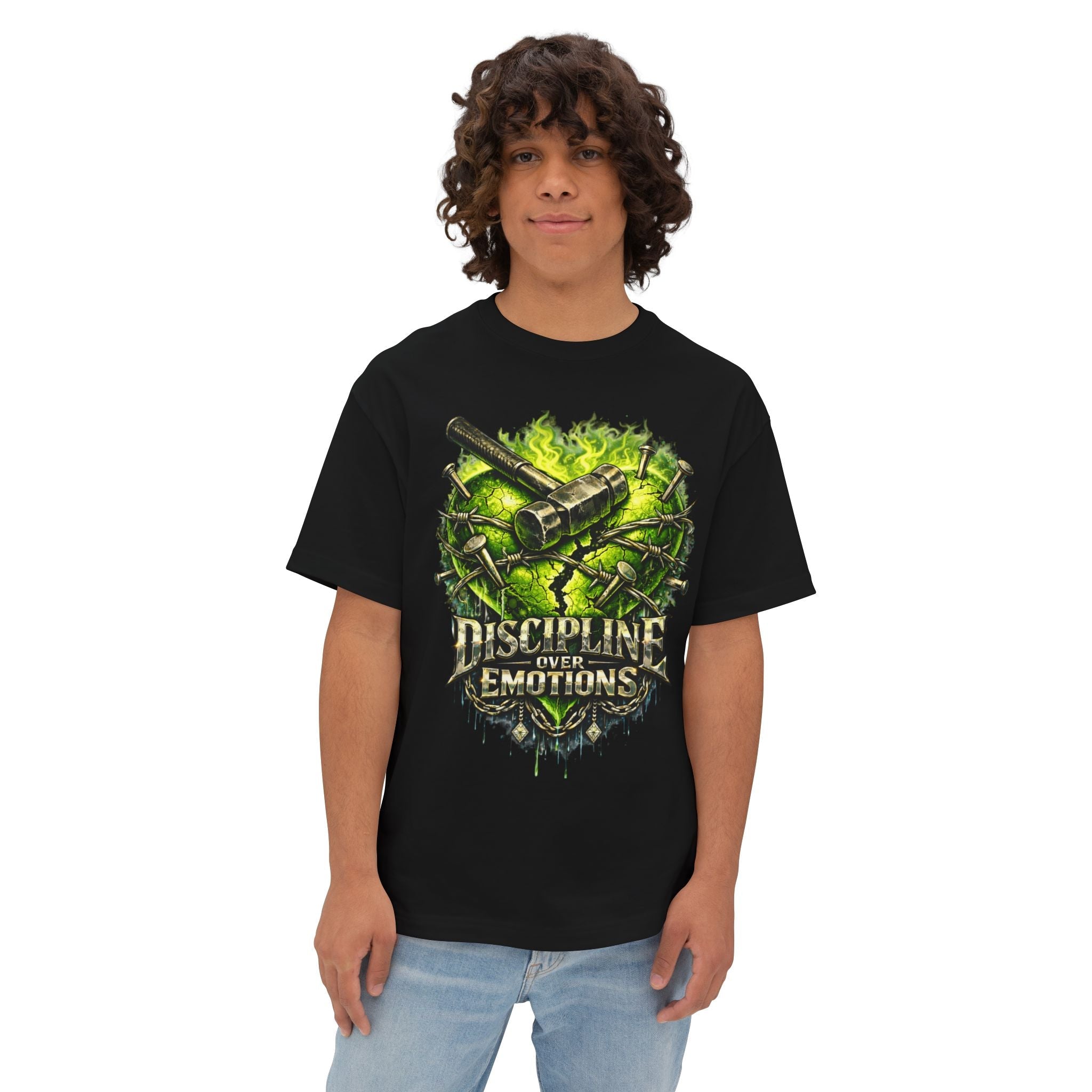 Adult *Oversized* Discipline Over Emotions Graphic Tee (Green Heart) Printify