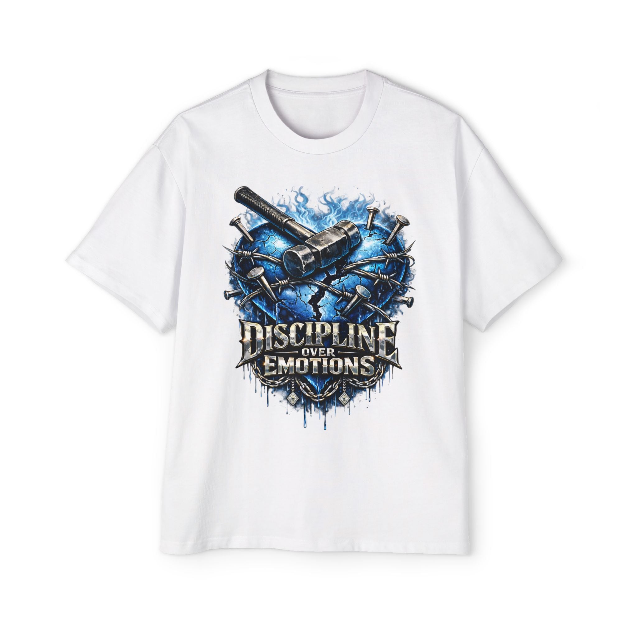 Oversized Discipline Over Emotions Graphic T-Shirt (Blue Heart) Printify