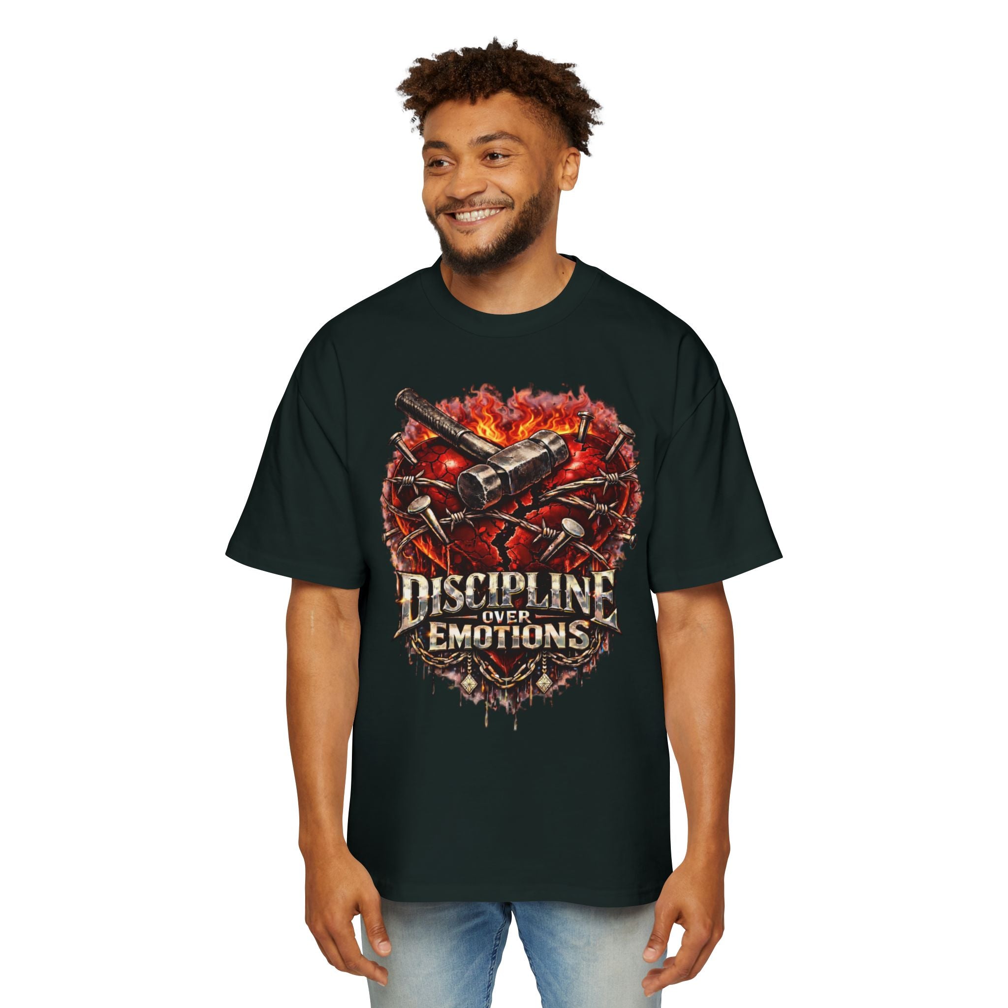 Oversized Discipline Over Emotions Graphic Tee (Front Red Heart) Printify