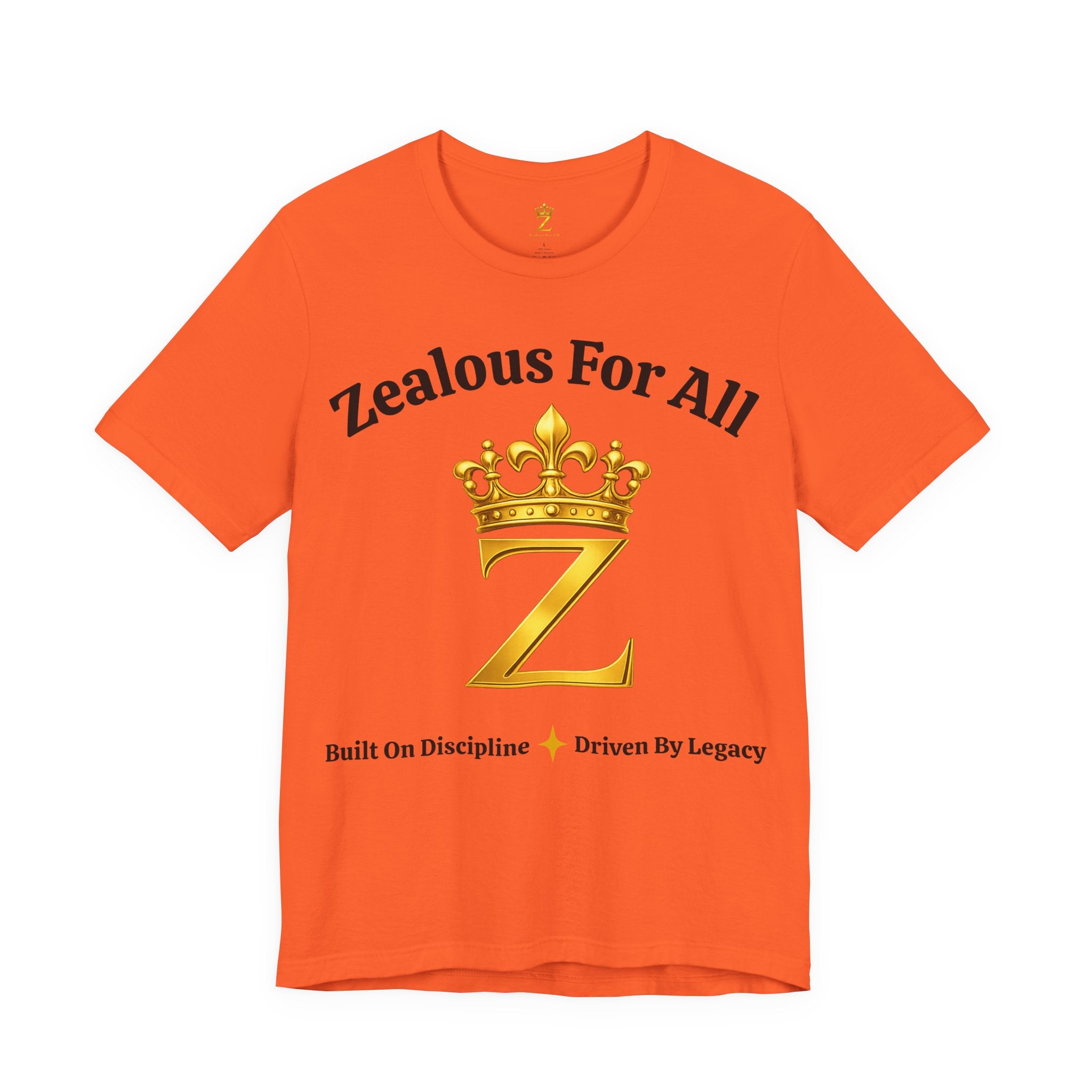 Unisex Luxury Zealous For All T-Shirt (Gold/Black Words, Big Logo T-shirt) Printify