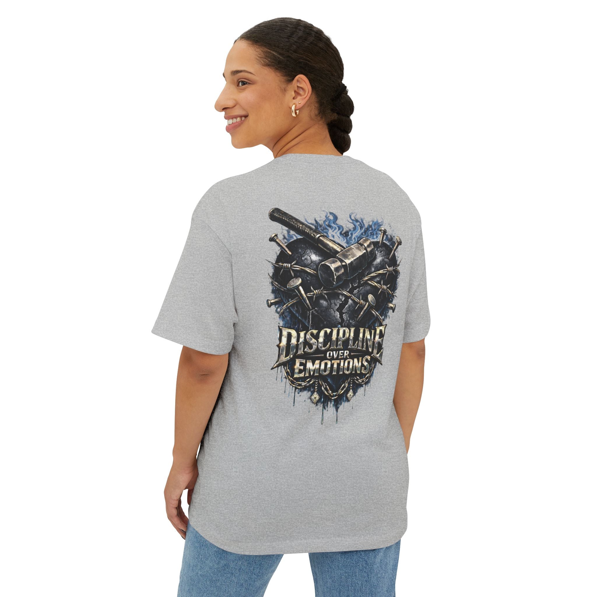 Adult *Oversized* Discipline Over Emotions (Back) Graphic Tee (Black Heart) Printify