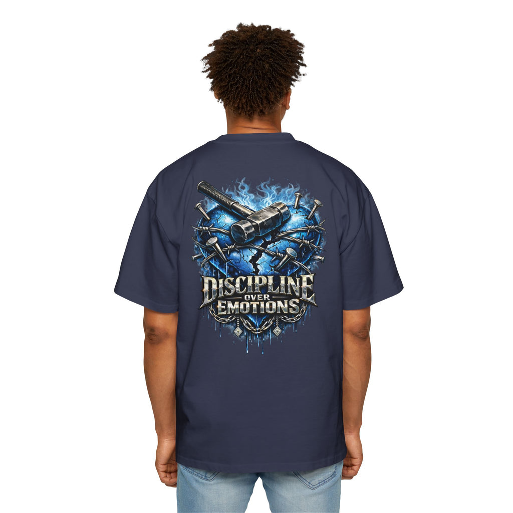Oversized Discipline Over Emotions (Back) Graphic Tee (Blue Heart) Printify