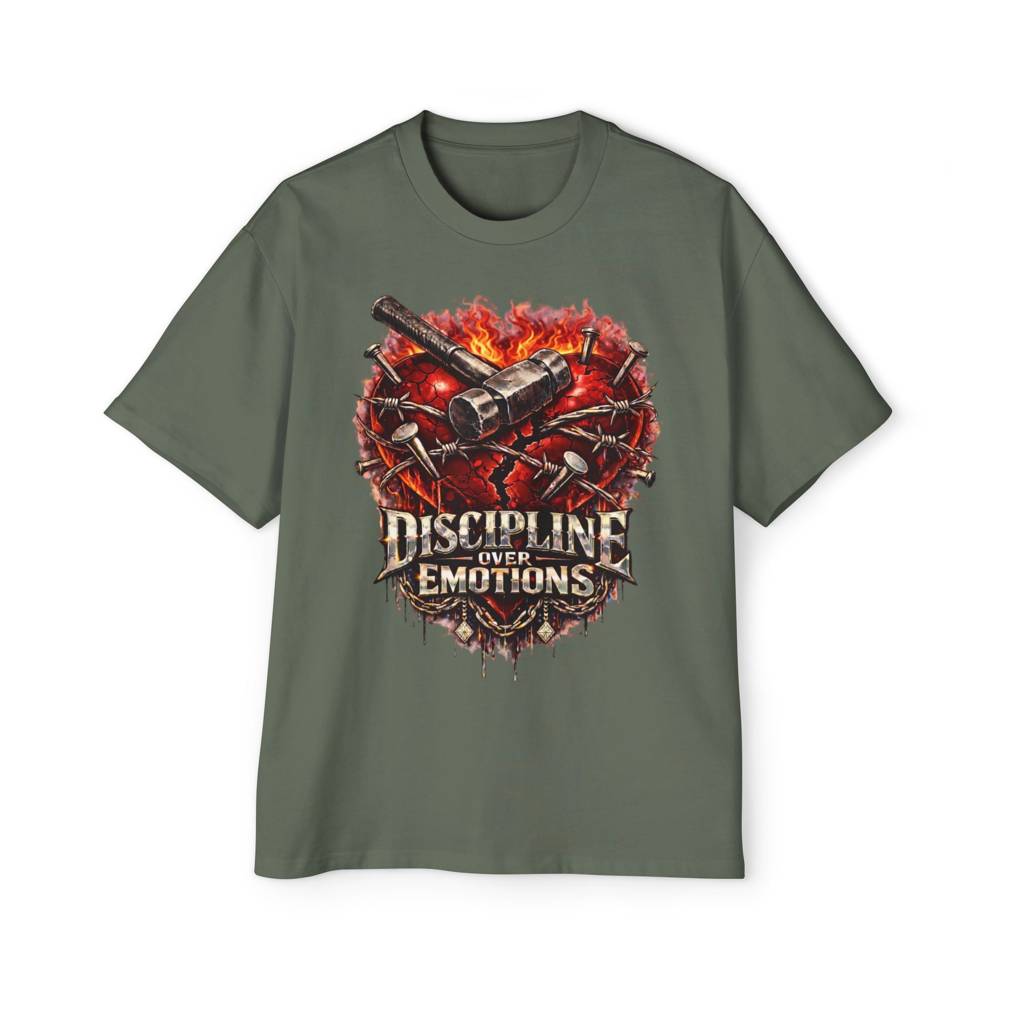 Oversized Discipline Over Emotions Graphic Tee (Front Red Heart) Printify