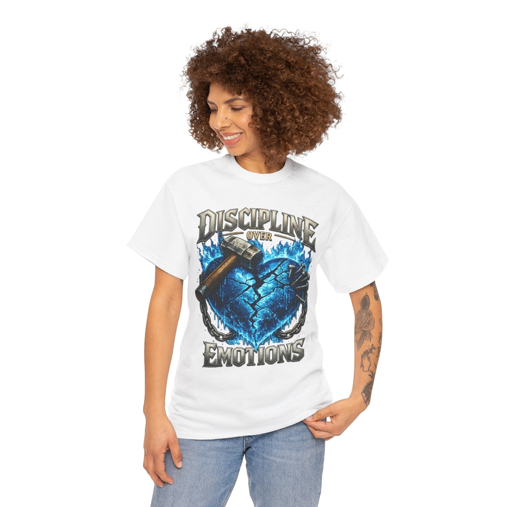 Discipline Over Emotions Graphic T-Shirt (Blue Heart) Printify