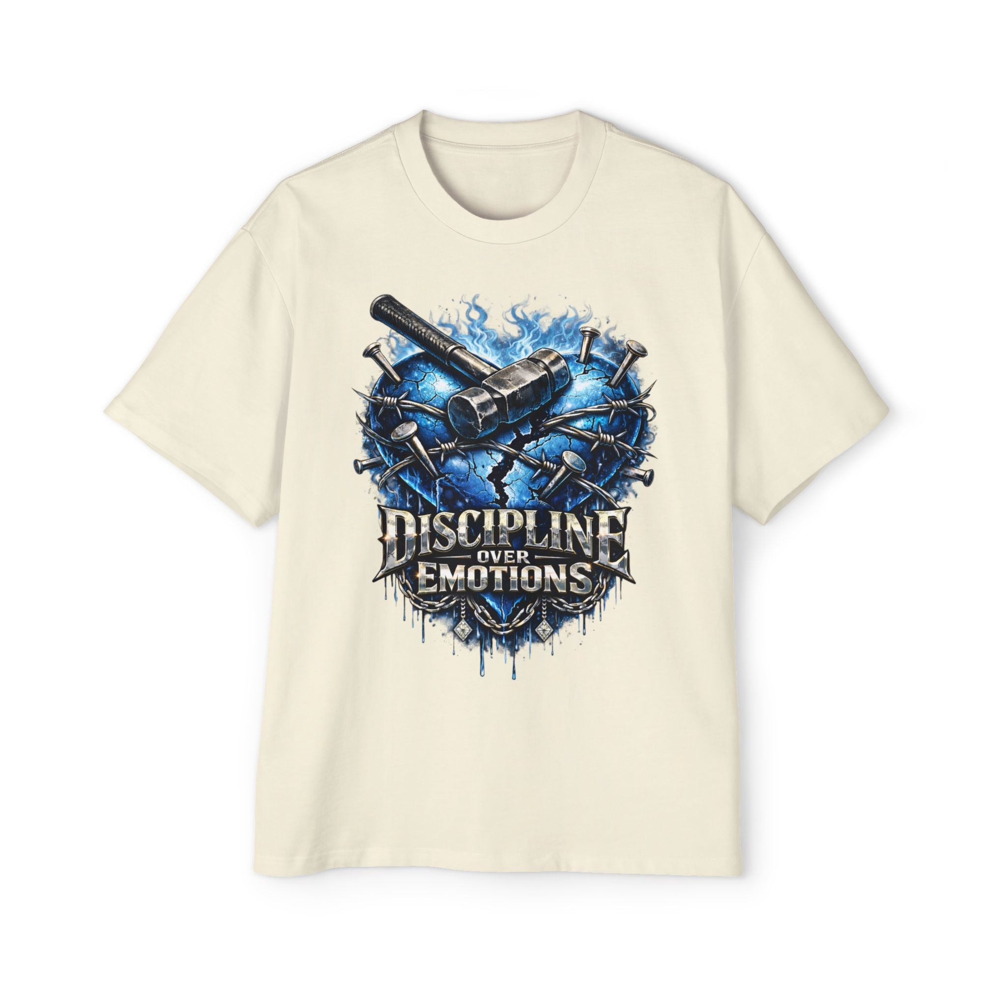 Oversized Discipline Over Emotions Graphic T-Shirt (Blue Heart) Printify