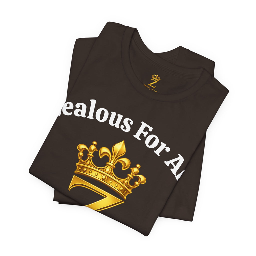 Unisex Luxury Zealous For All T-Shirt (Gold/White Words, Big Logo T-shirt) Printify