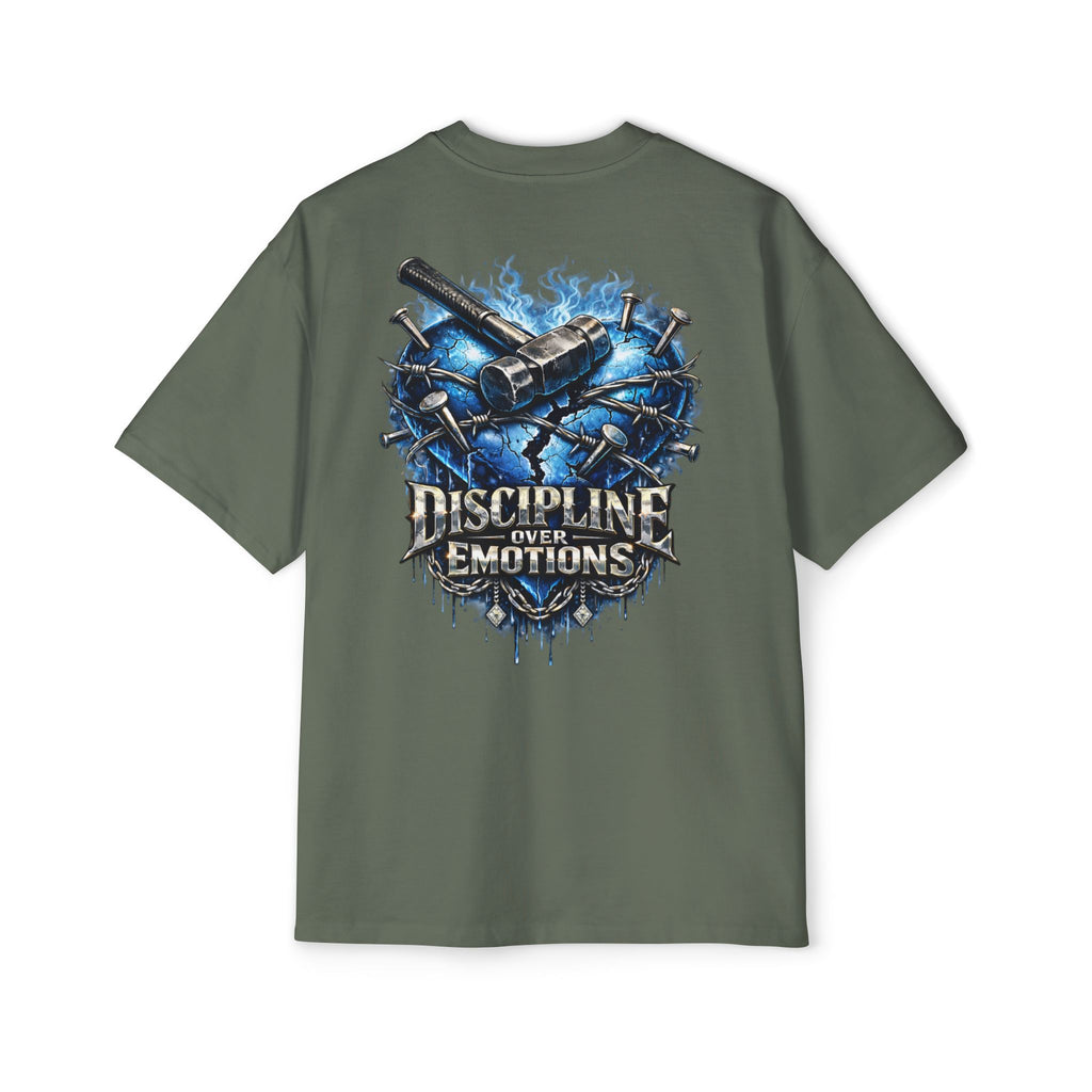 Oversized Discipline Over Emotions (Back) Graphic Tee (Blue Heart) Printify