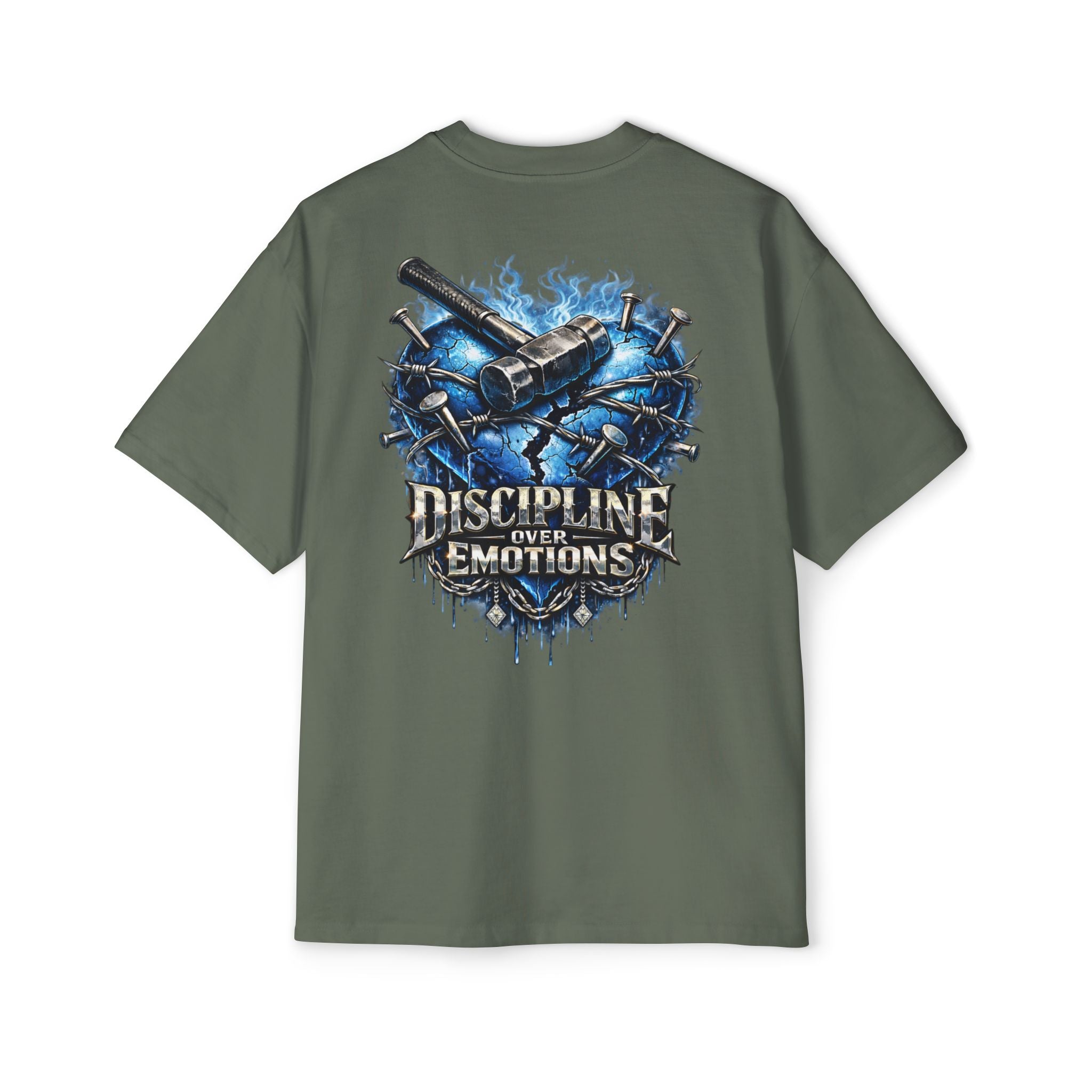 Oversized Discipline Over Emotions (Back) Graphic Tee (Blue Heart) Printify