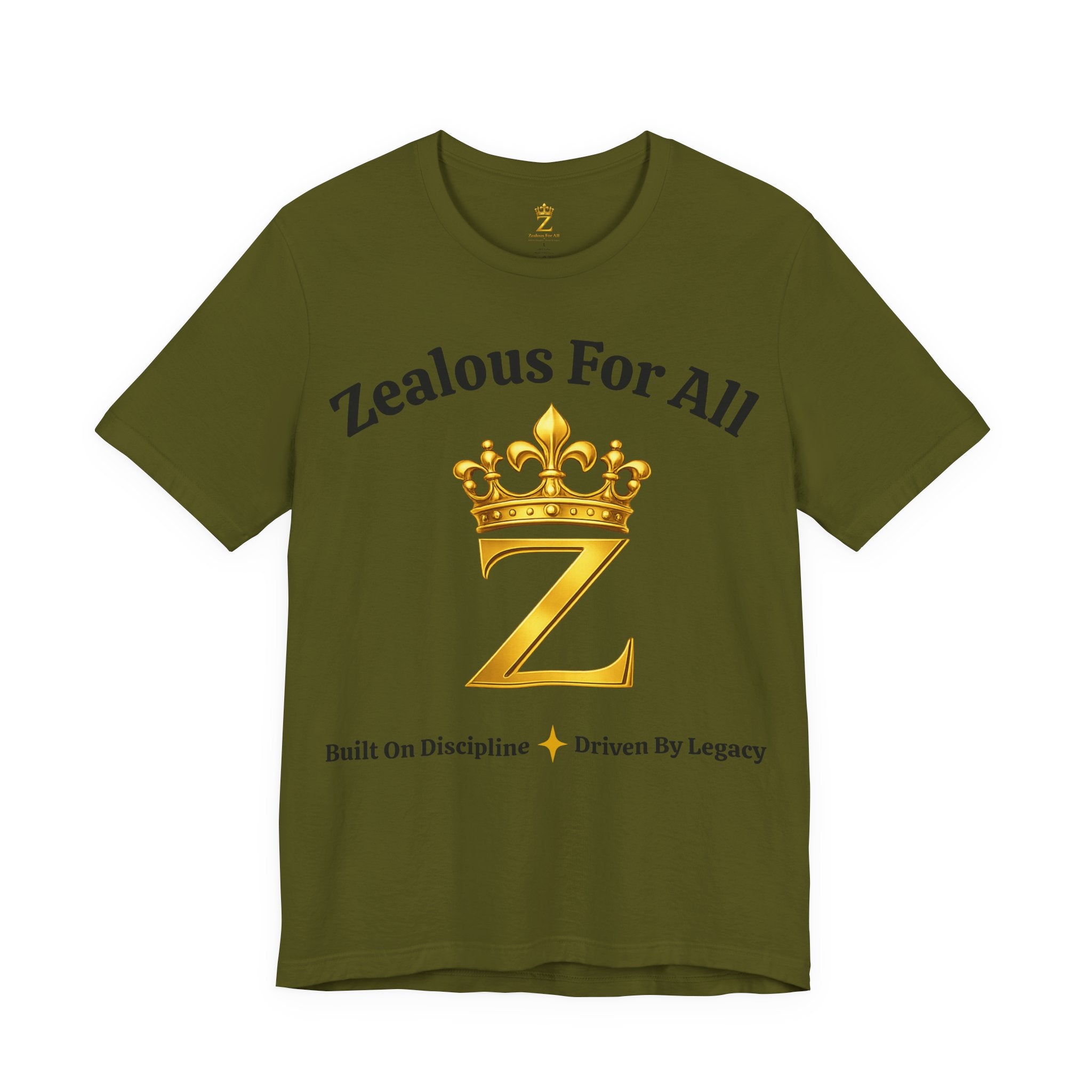 Unisex Luxury Zealous For All T-Shirt (Gold/Black Words, Big Logo T-shirt) Printify