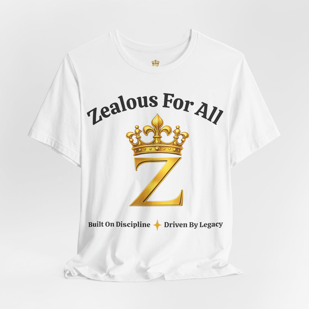 Unisex Luxury Zealous For All T-Shirt (Gold/Black Words, Big Logo T-shirt) Printify