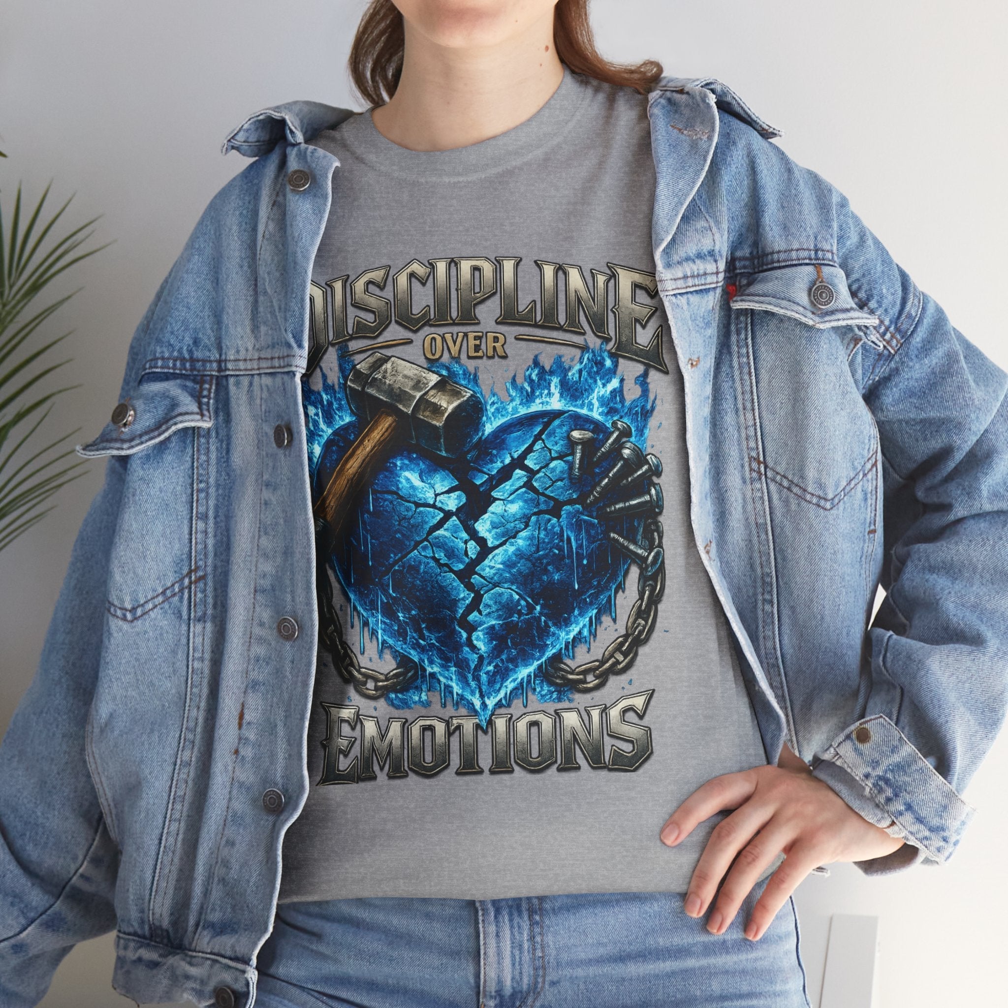 Discipline Over Emotions Graphic T-Shirt (Blue Heart) Printify
