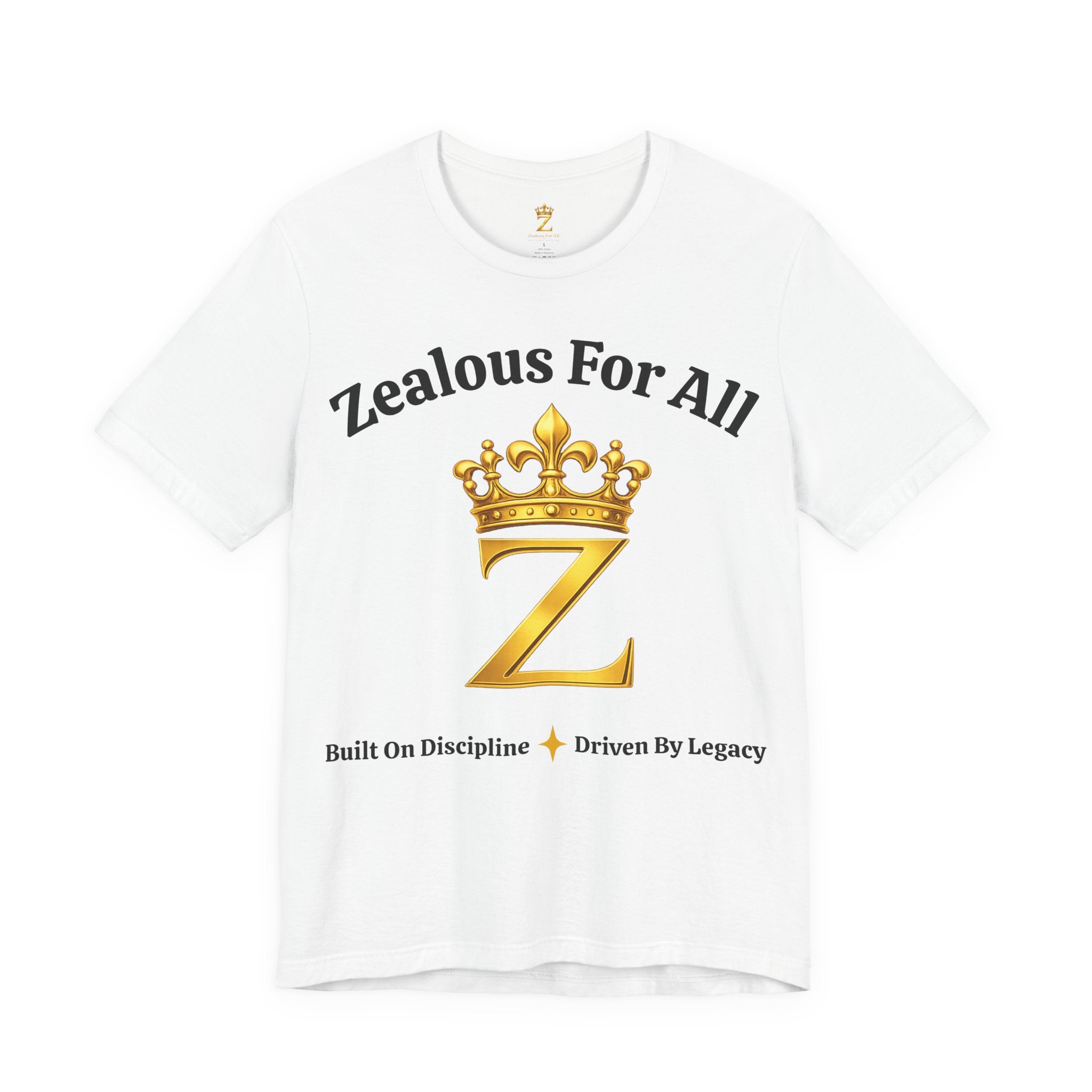 Unisex Luxury Zealous For All T-Shirt (Gold/Black Words, Big Logo T-shirt) Printify