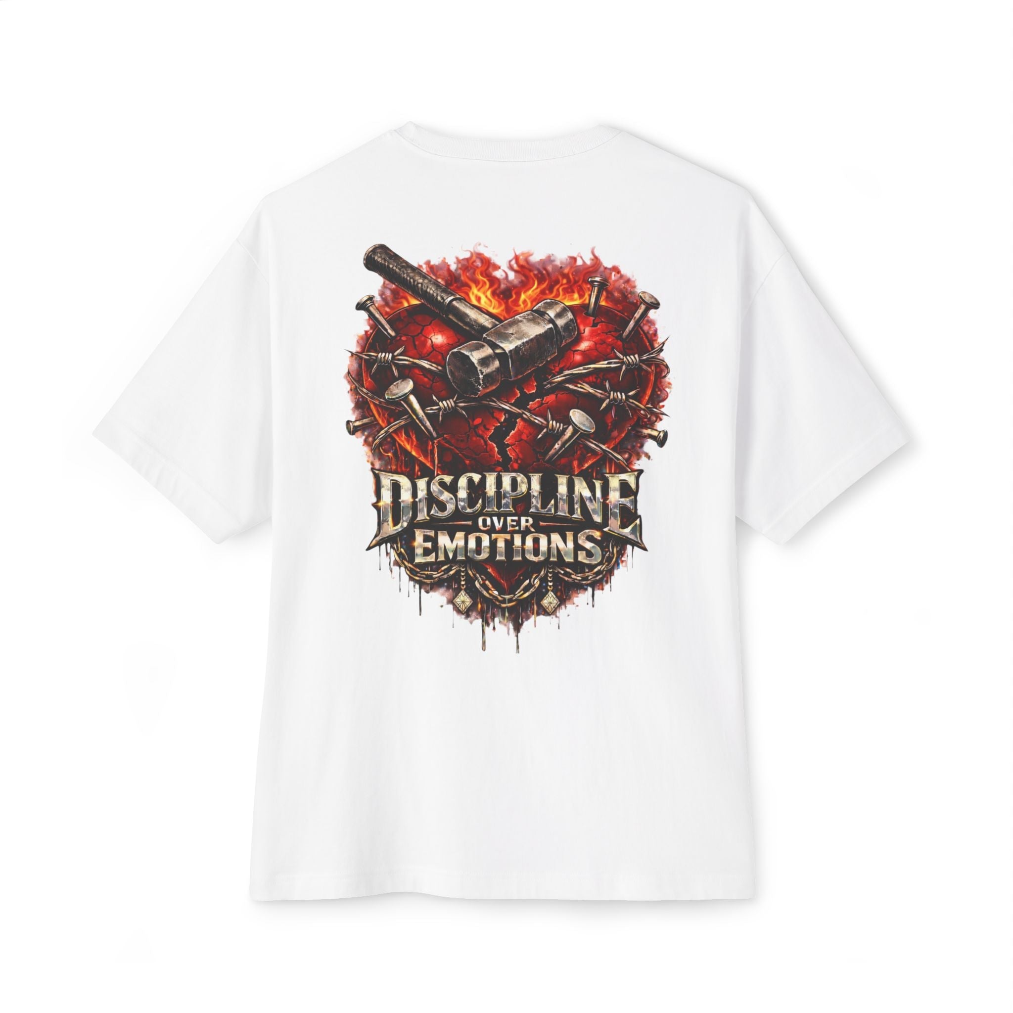 Adult *Oversized* Discipline Over Emotions (Back) Graphic Tee (Red Heart) Printify