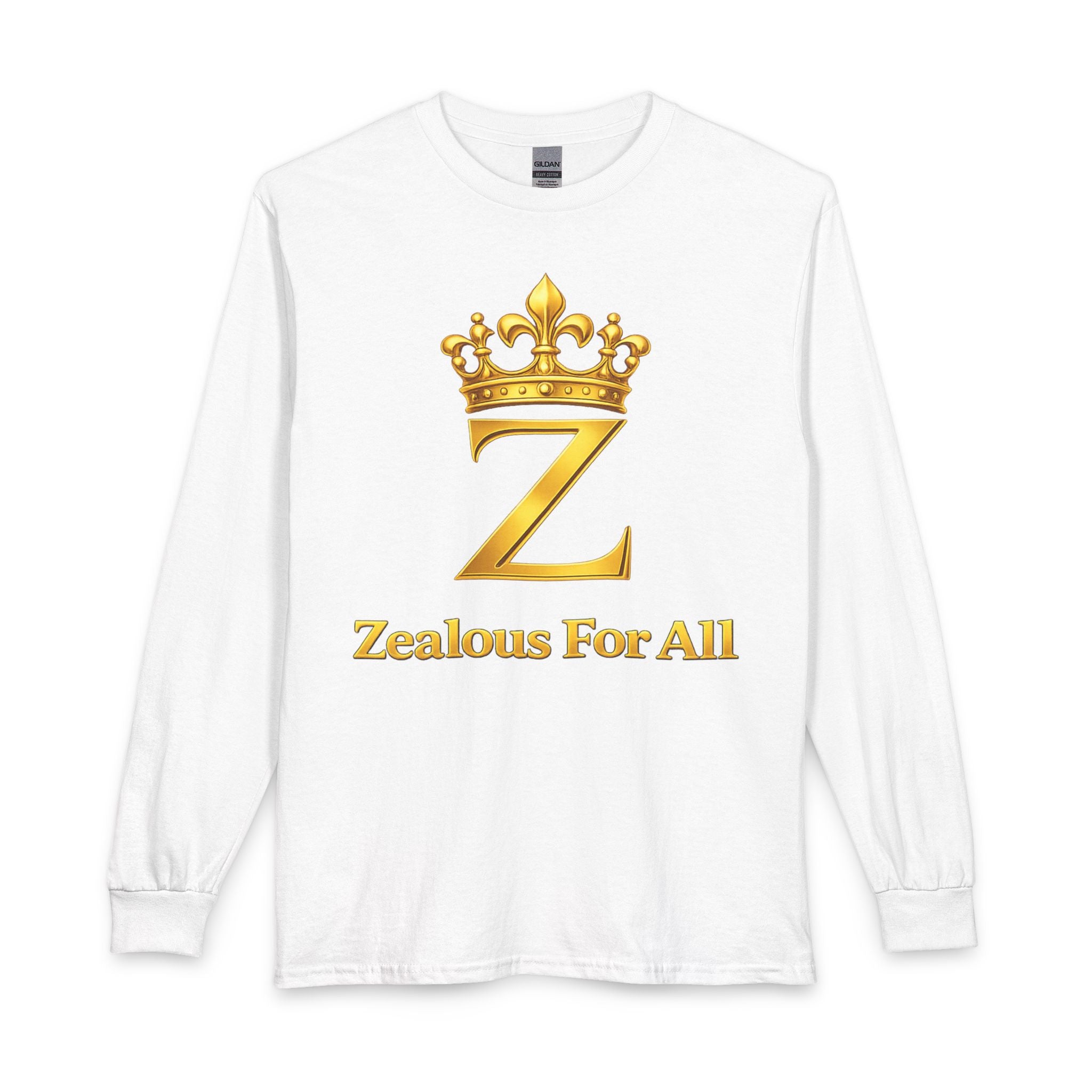 Long Sleeve Shirt — "Zealous For All" Gold Crown Logo, Printify