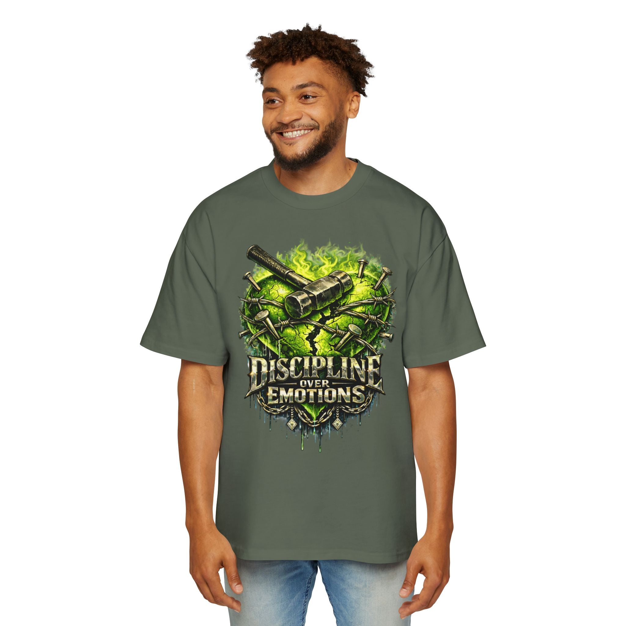 Oversized Discipline Over Emotions Graphic Tee (Green Heart) Printify