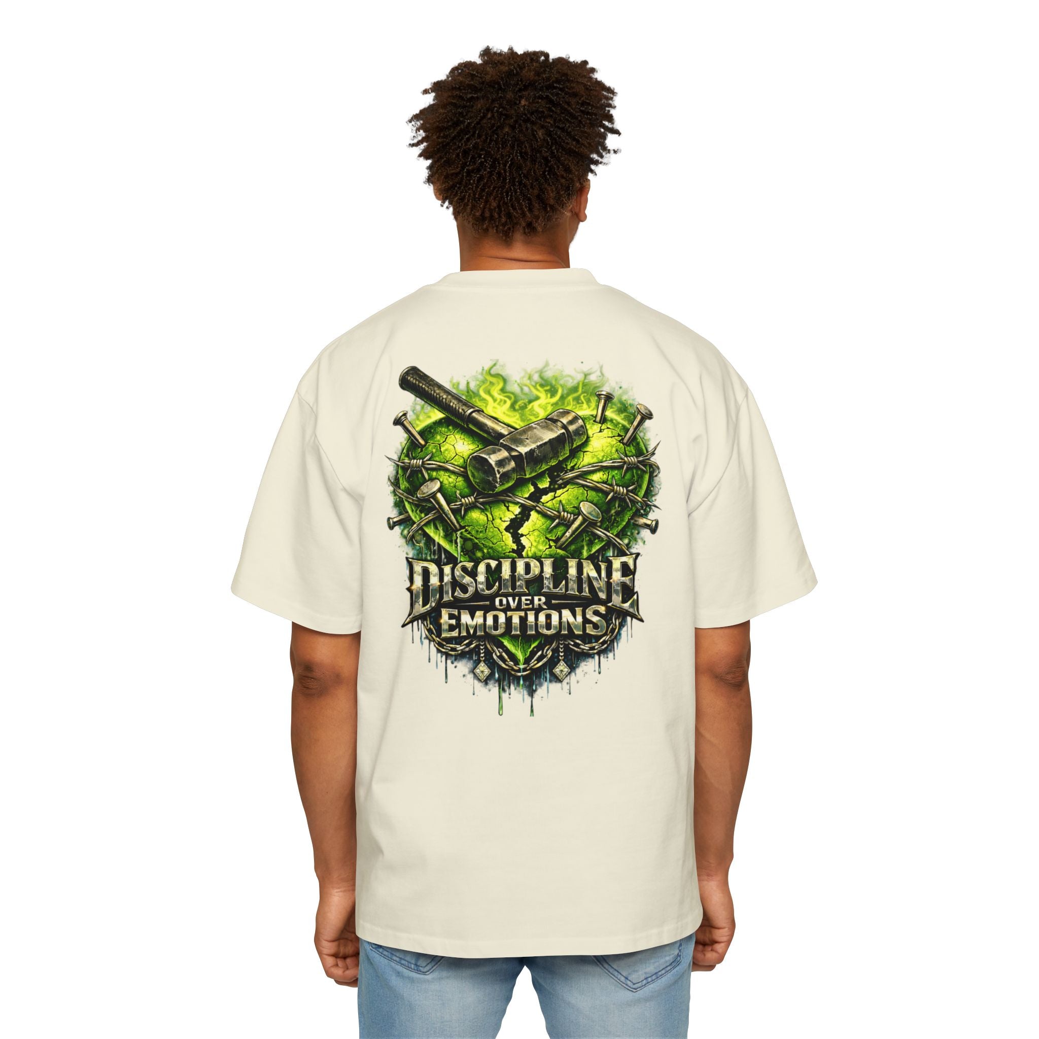 Adult *Oversized* Discipline Over Emotions (Back) Graphic Tee (Lime Green Heart) Printify