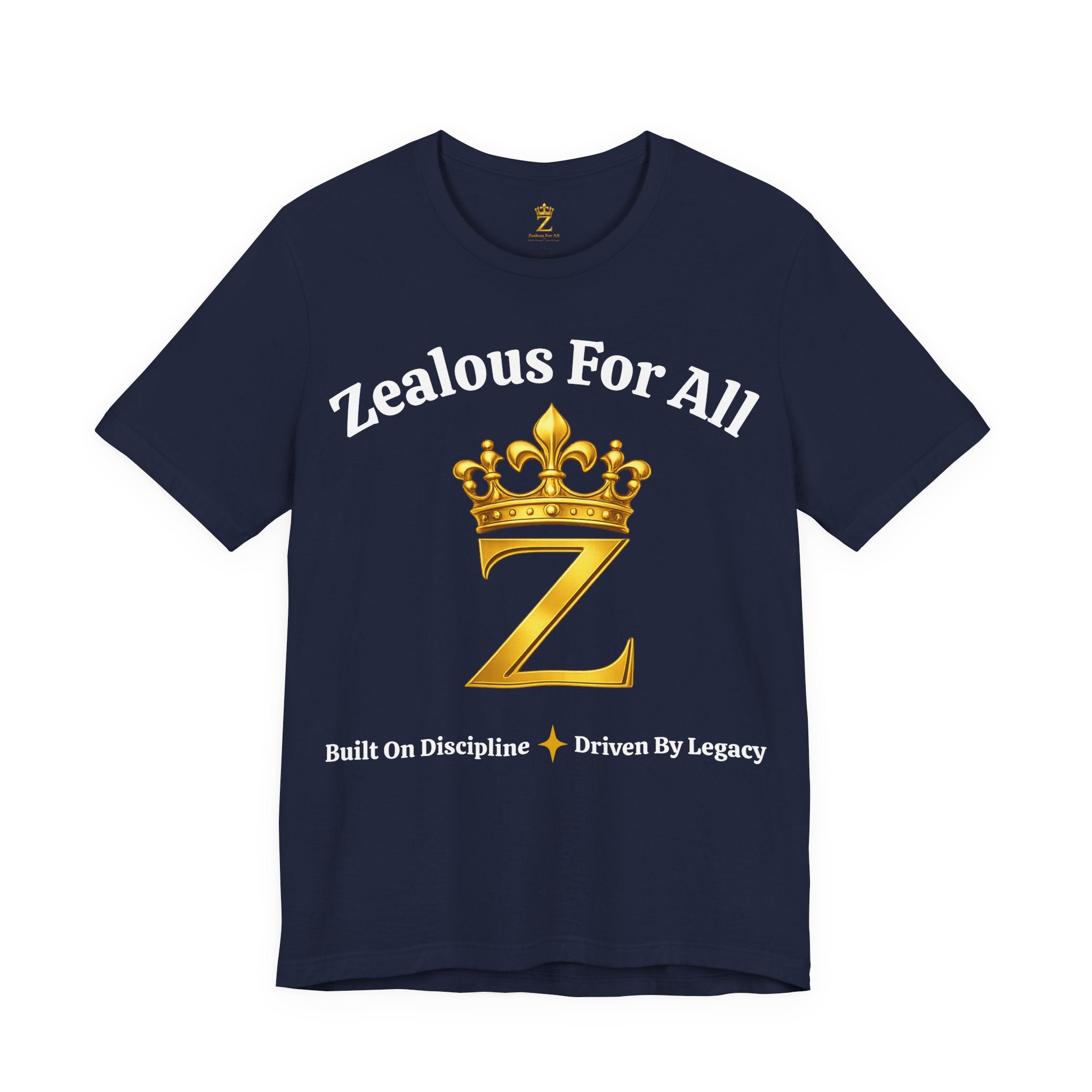 Unisex Luxury Zealous For All T-Shirt (Gold/White Words, Big Logo T-shirt) Printify