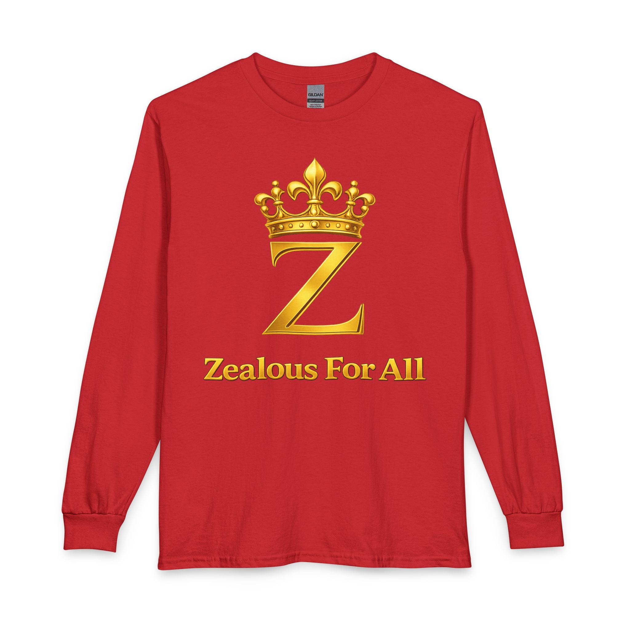 Long Sleeve Shirt — "Zealous For All" Gold Crown Logo, Printify