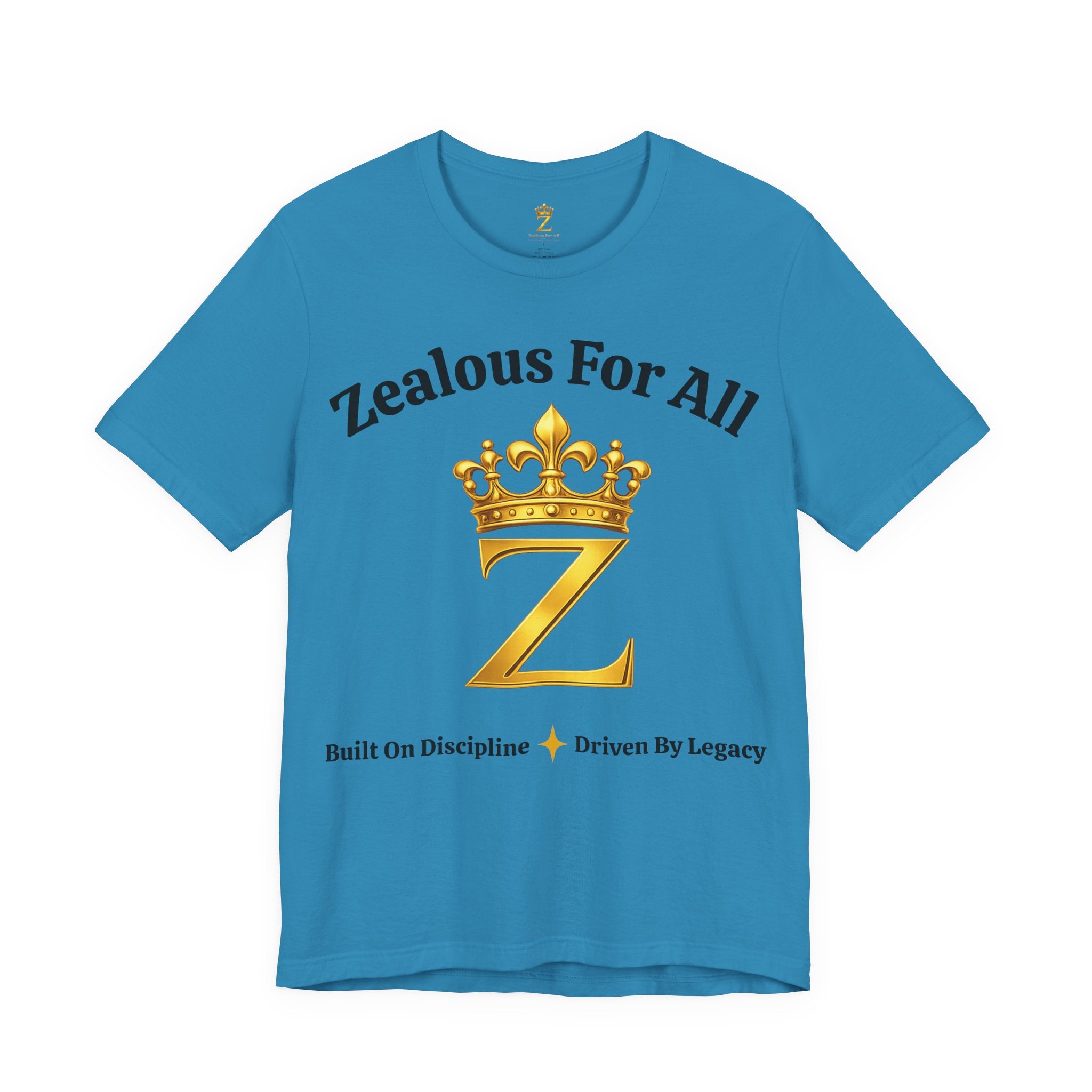 Unisex Luxury Zealous For All T-Shirt (Gold/Black Words, Big Logo T-shirt) Printify