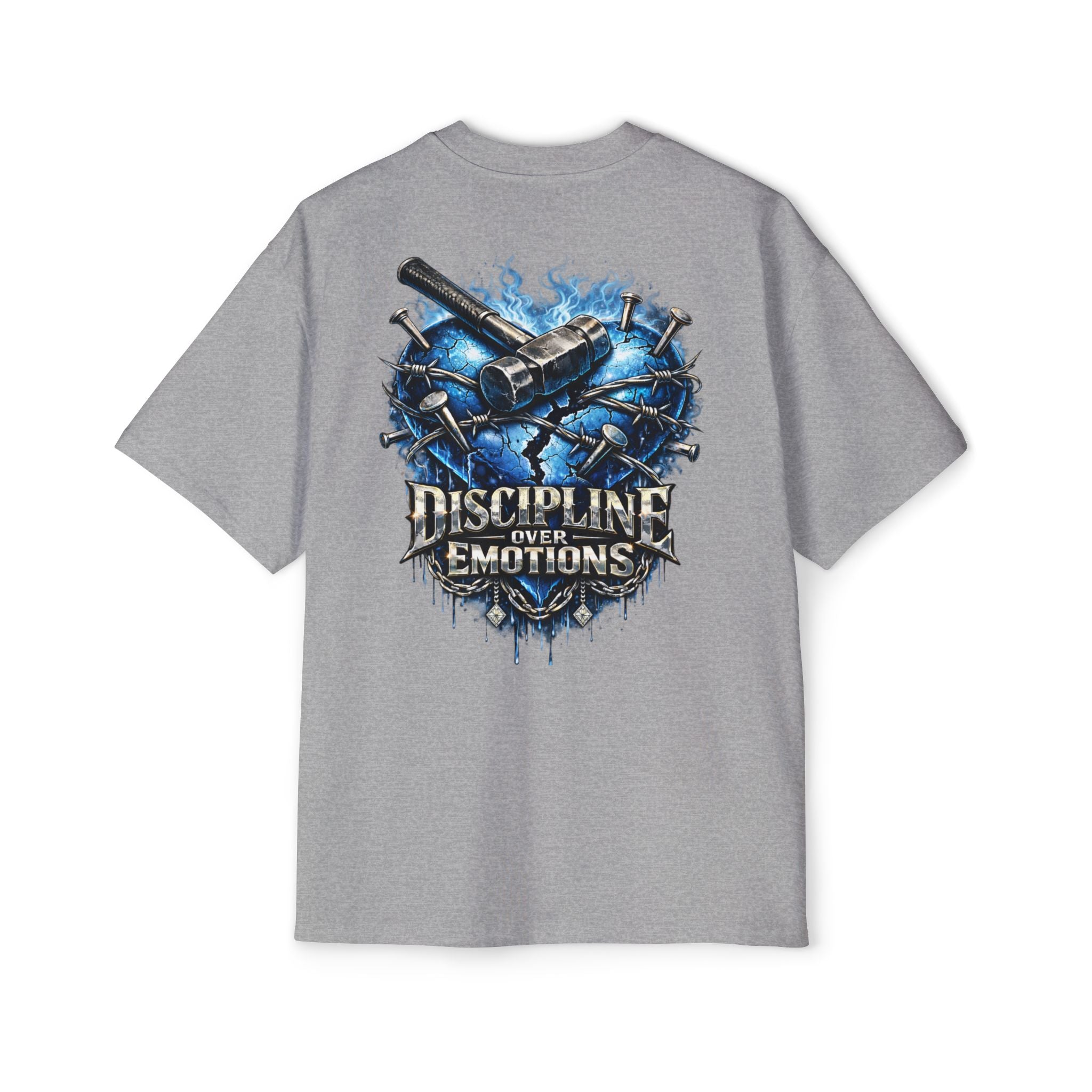 Oversized Discipline Over Emotions (Back) Graphic Tee (Blue Heart) Printify