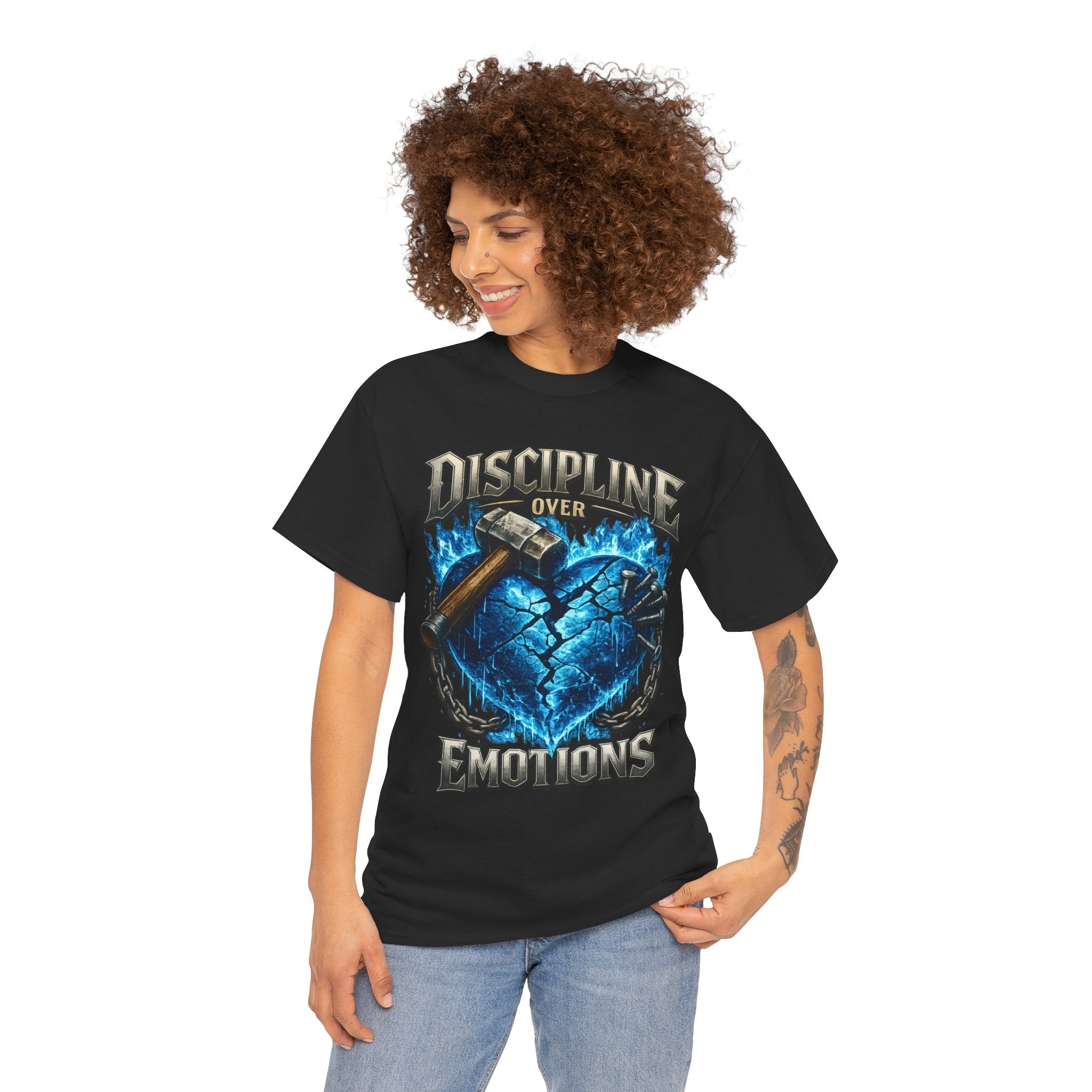 Discipline Over Emotions Graphic T-Shirt (Blue Heart) Printify