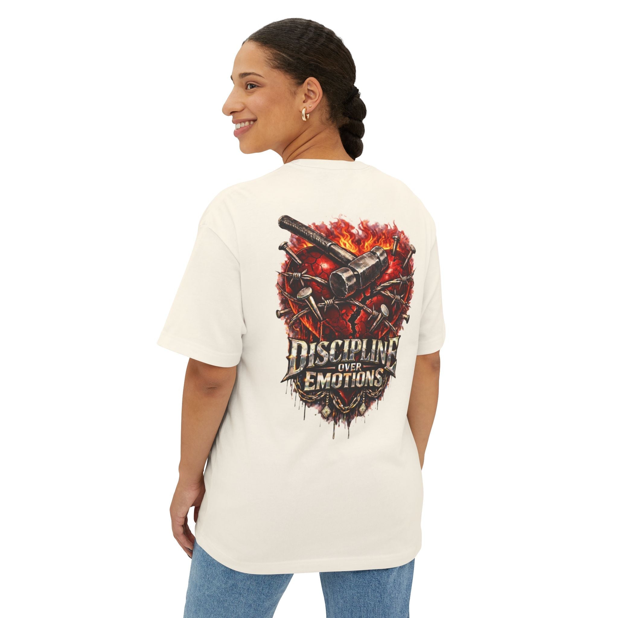 Adult *Oversized* Discipline Over Emotions (Back) Graphic Tee (Red Heart) Printify