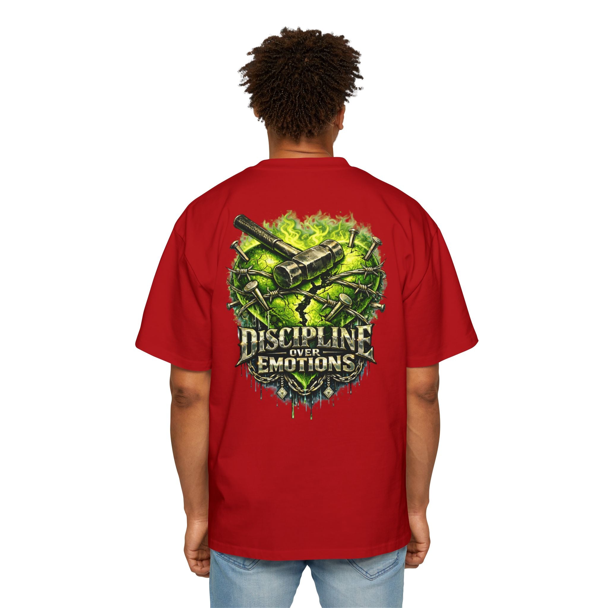Adult *Oversized* Discipline Over Emotions (Back) Graphic Tee (Lime Green Heart) Printify