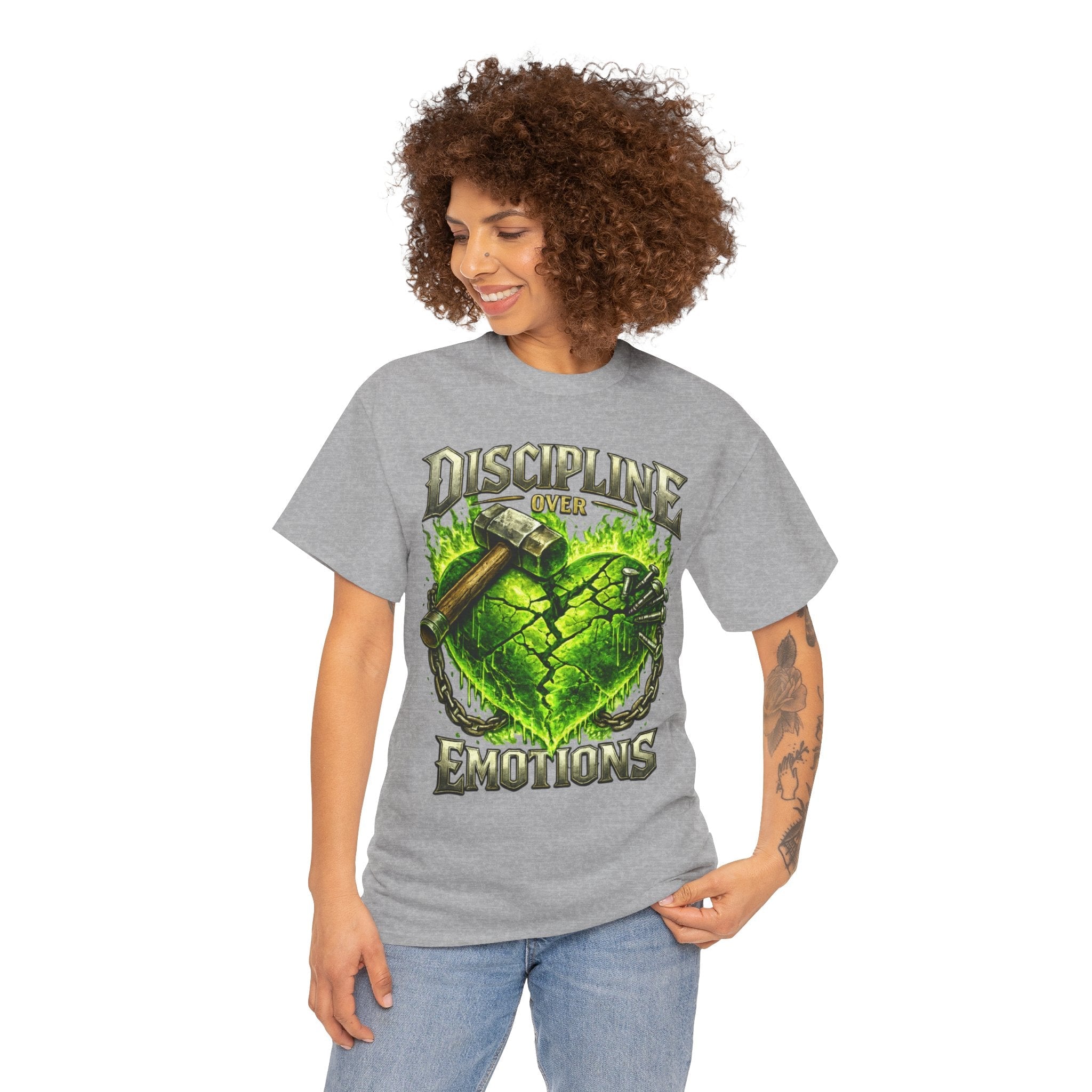 Adult Discipline Over Emotions Graphic T-Shirt (Lime Green Heart)
