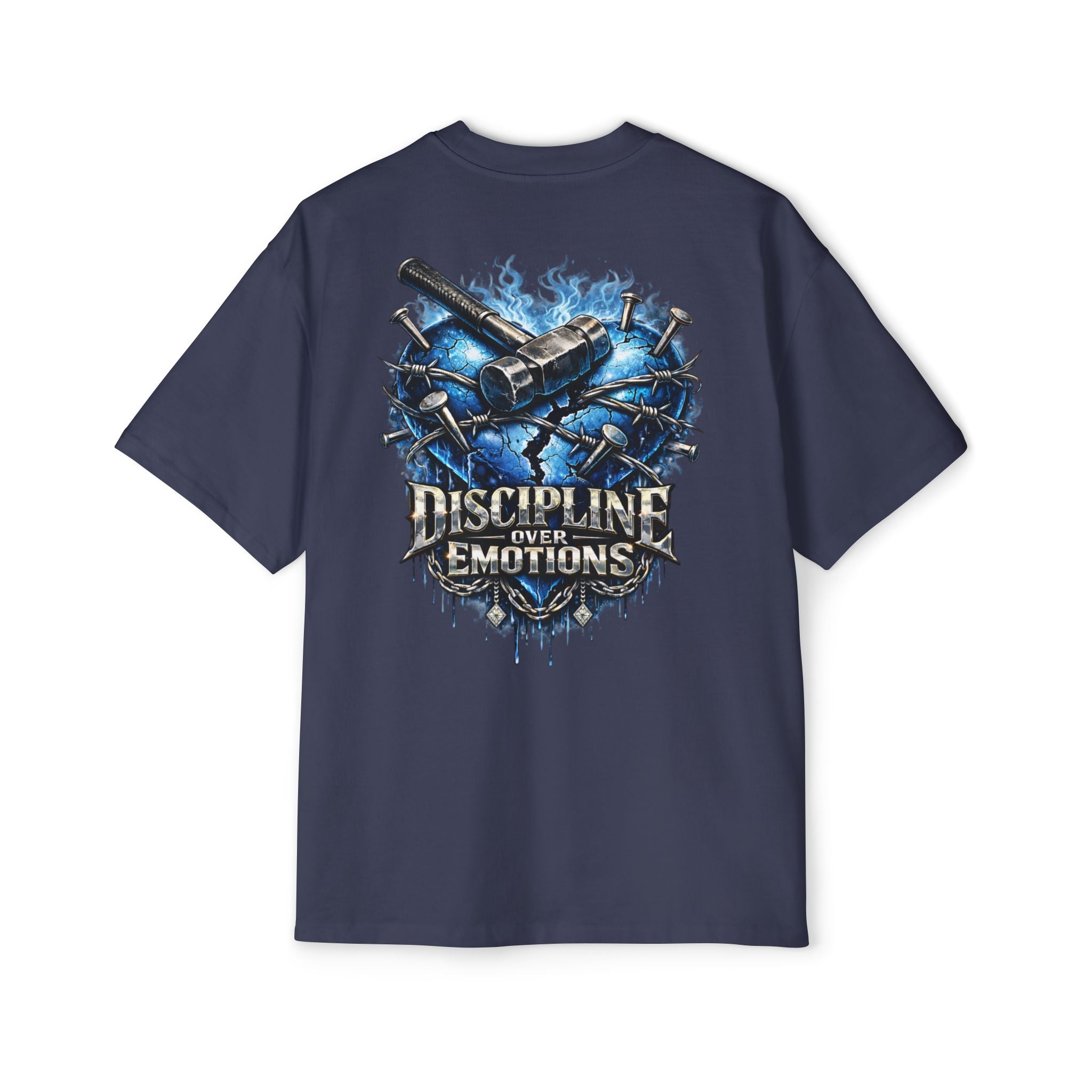 Oversized Discipline Over Emotions (Back) Graphic Tee (Blue Heart) Printify