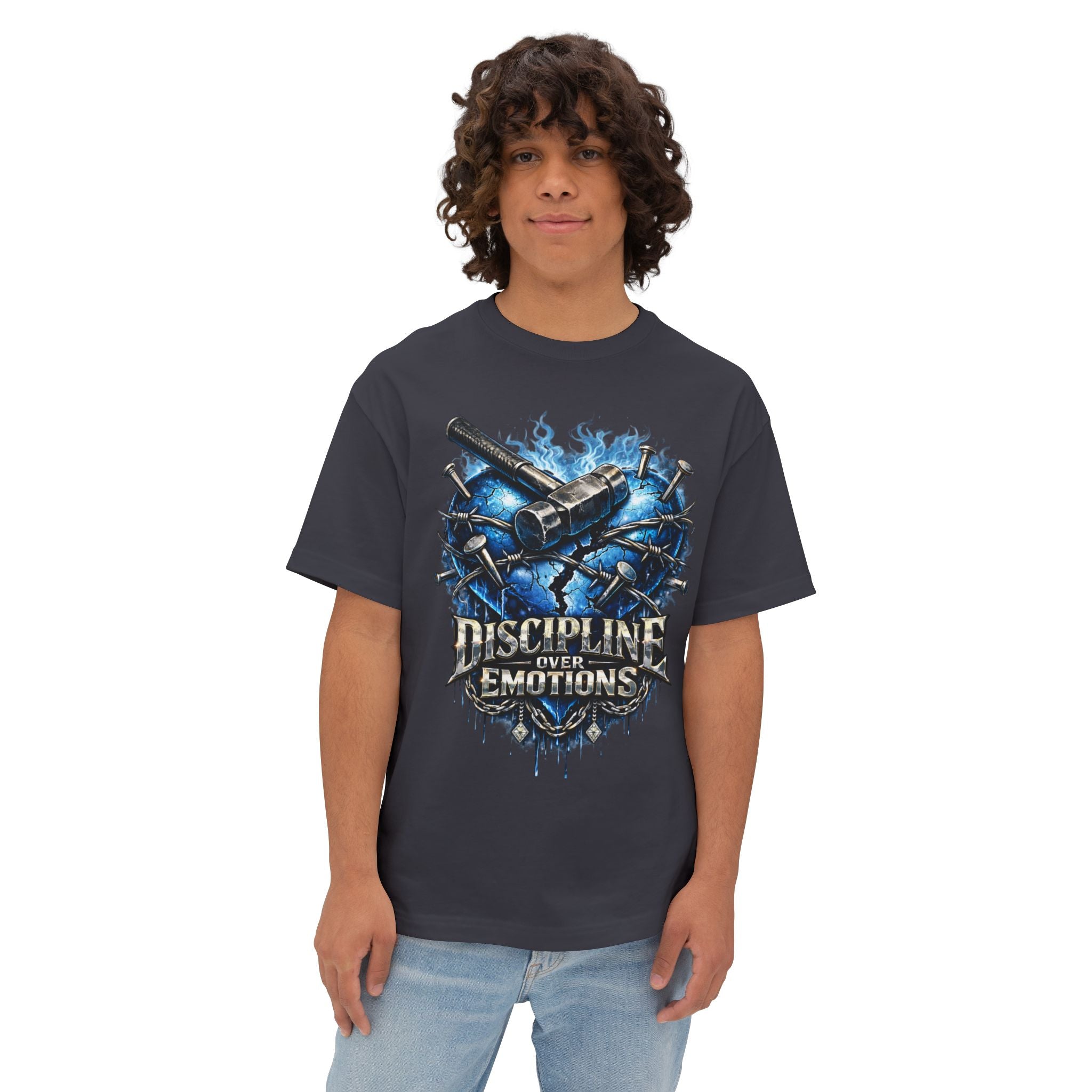 Adult *Oversized* Discipline Over Emotions Graphic T-Shirt (Blue Heart) - Zealous For All