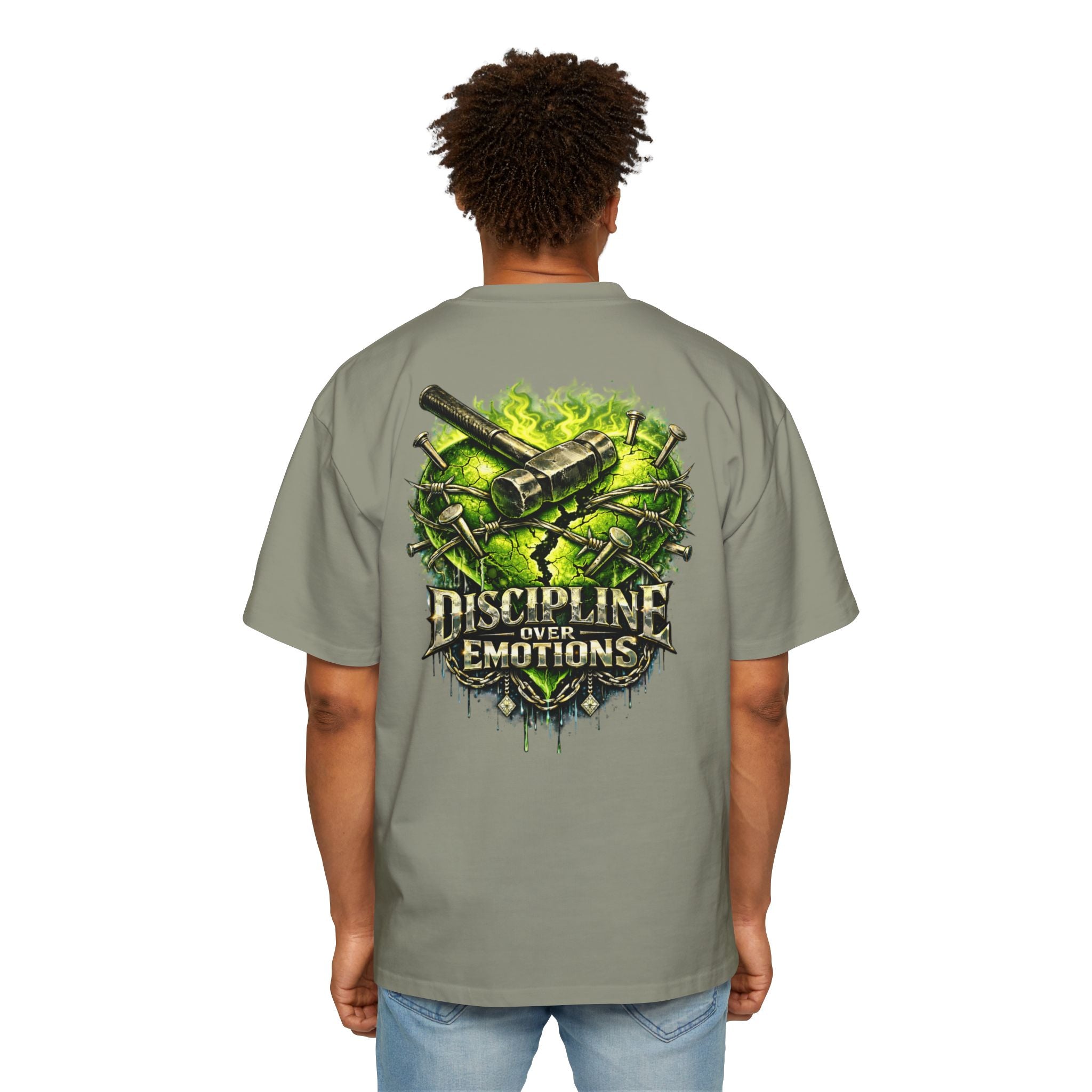 Adult *Oversized* Discipline Over Emotions (Back) Graphic Tee (Lime Green Heart) Printify