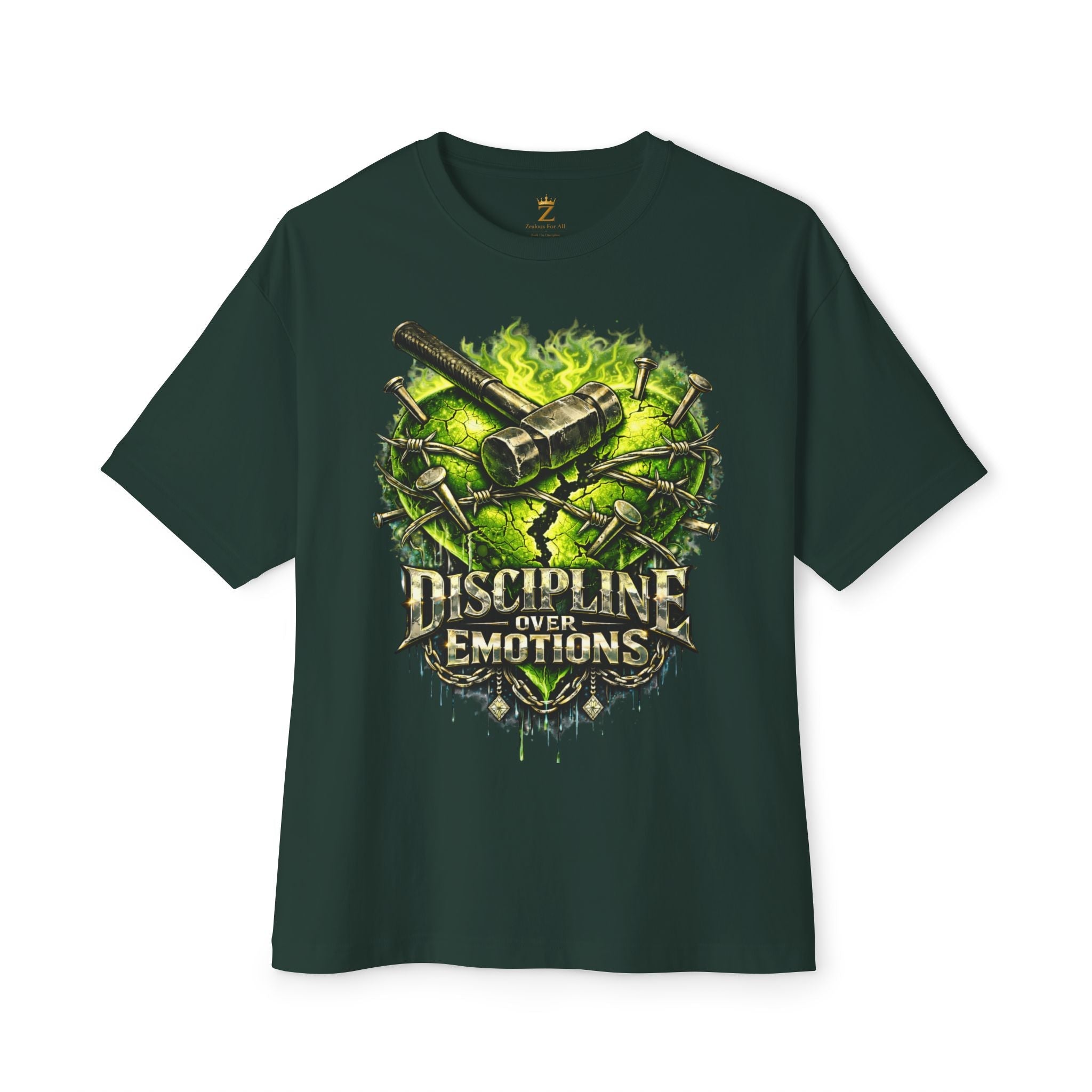 Adult *Oversized* Discipline Over Emotions Graphic Tee (Green Heart) Printify