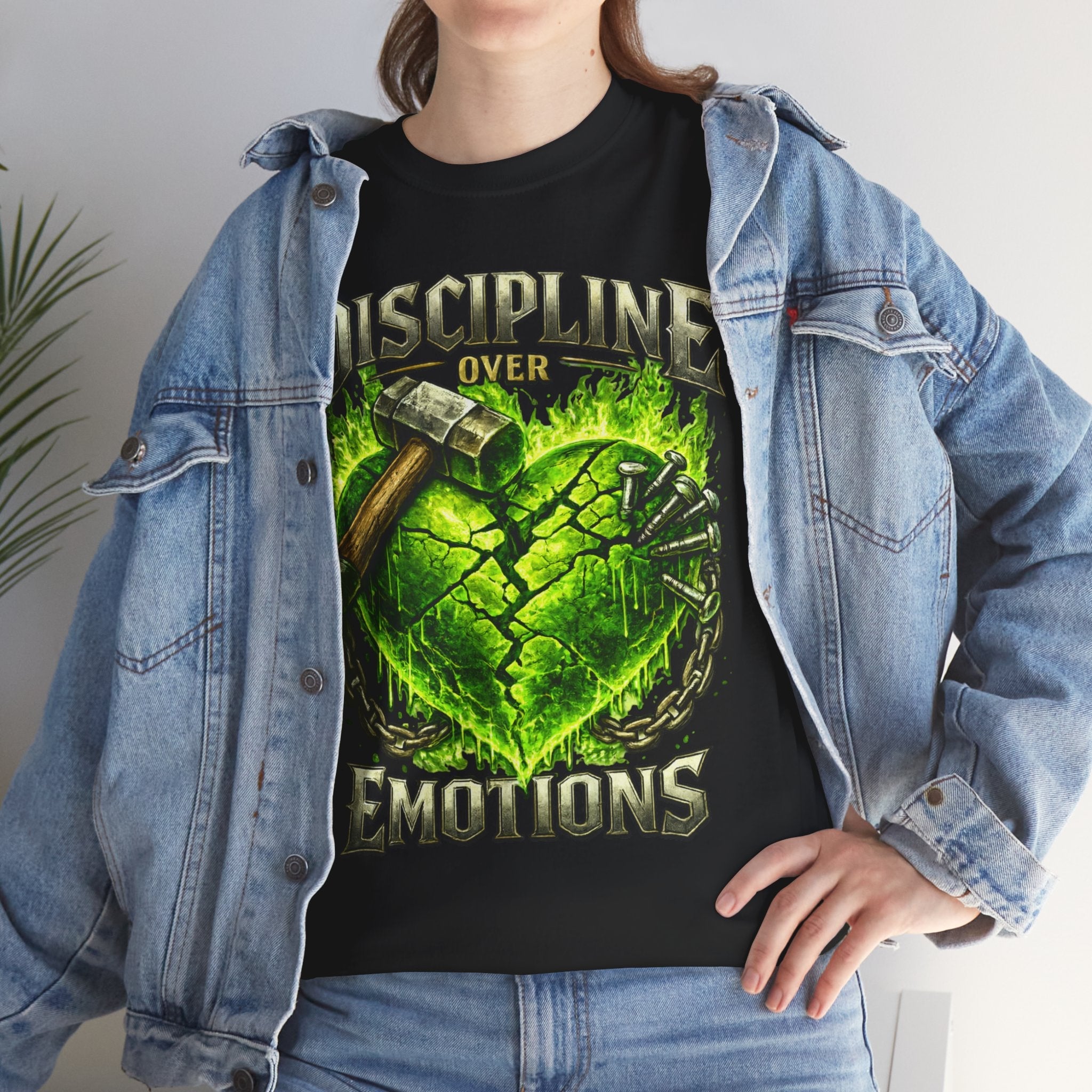 Adult Discipline Over Emotions Graphic T-Shirt (Lime Green Heart)