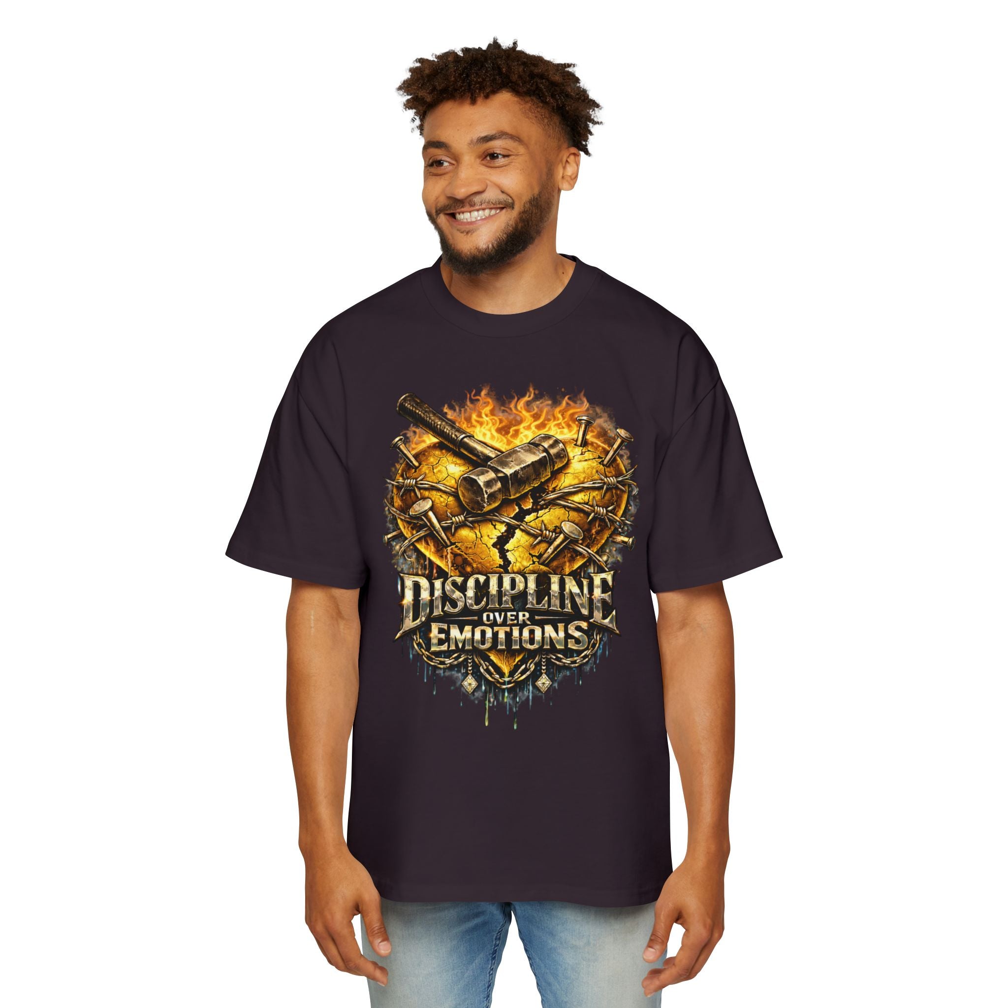 Oversized Discipline Over Emotions Graphic Tee (Gold Heart) Printify