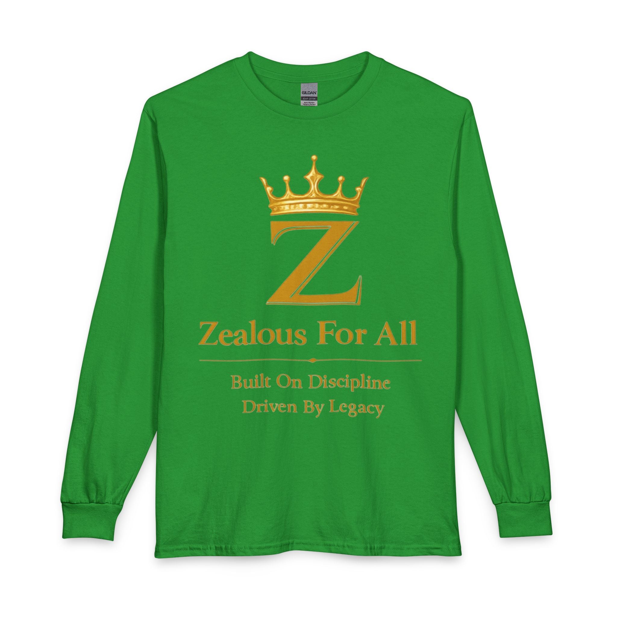 Long Sleeve Shirt — "Zealous For All" Gold Crown Logo, Motivational Athletic Streetwear Printify