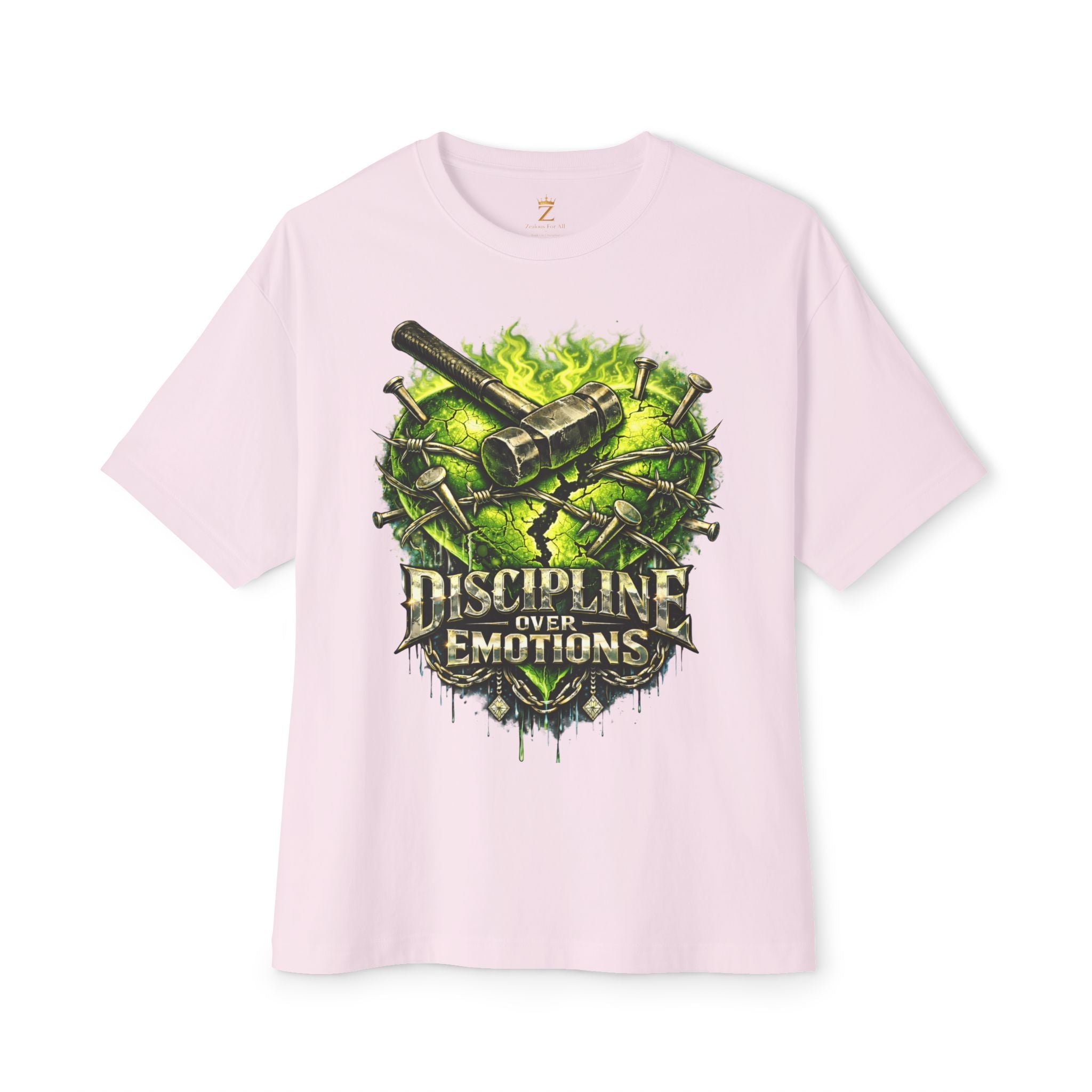 Adult *Oversized* Discipline Over Emotions Graphic Tee (Green Heart) Printify