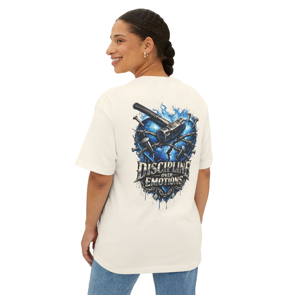 Adult *Oversized* Discipline Over Emotions (Back) Graphic Tee (Blue Heart) Printify