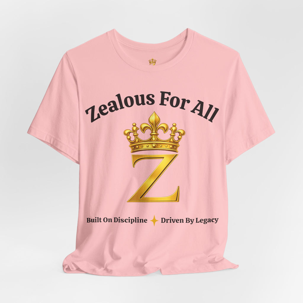 Unisex Luxury Zealous For All T-Shirt (Gold/Black Words, Big Logo T-shirt) Printify
