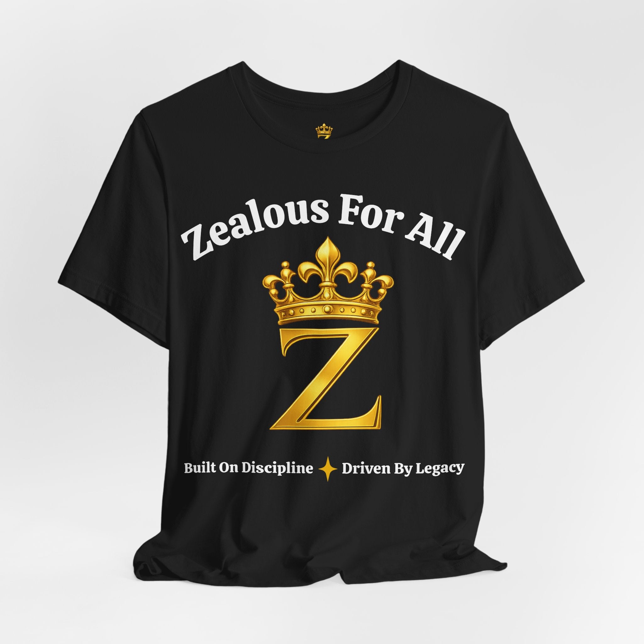 Unisex Luxury Zealous For All T-Shirt (Gold/White Words, Big Logo T-shirt) Printify
