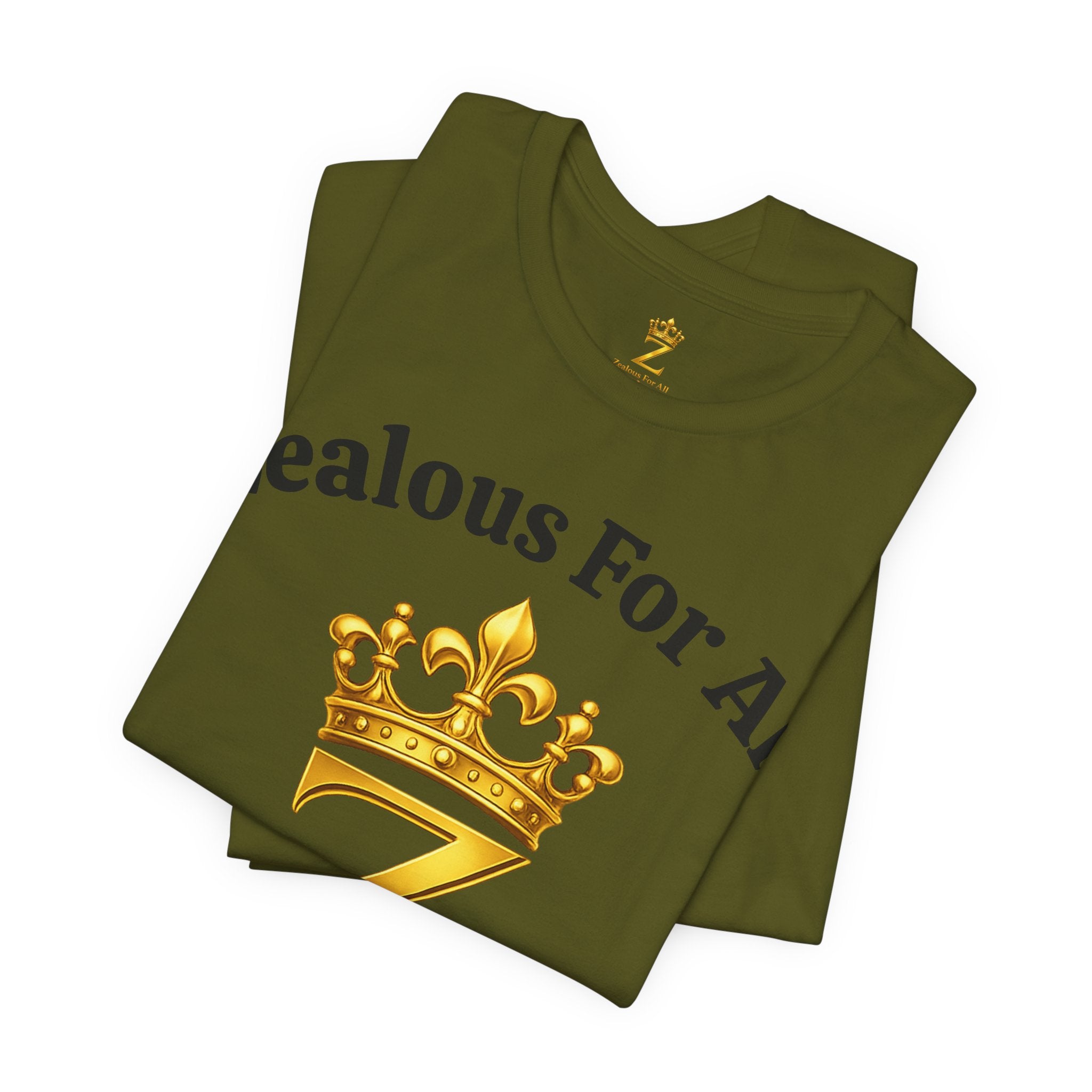Unisex Luxury Zealous For All T-Shirt (Gold/Black Words, Big Logo T-shirt) Printify