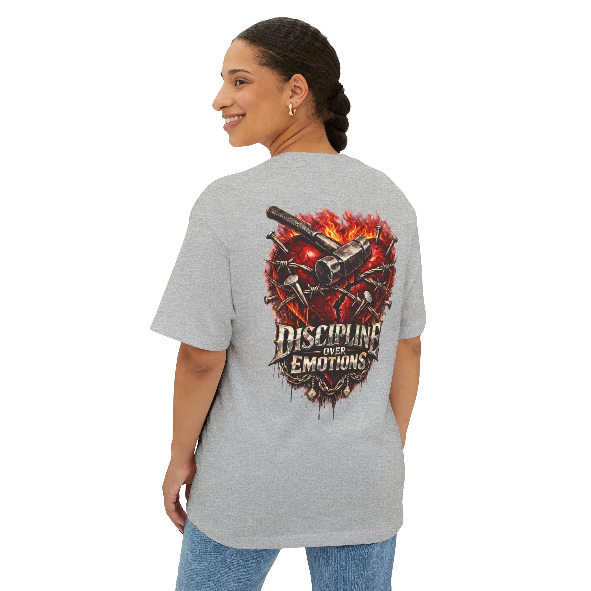 Adult *Oversized* Discipline Over Emotions (Back) Graphic Tee (Red Heart) Printify