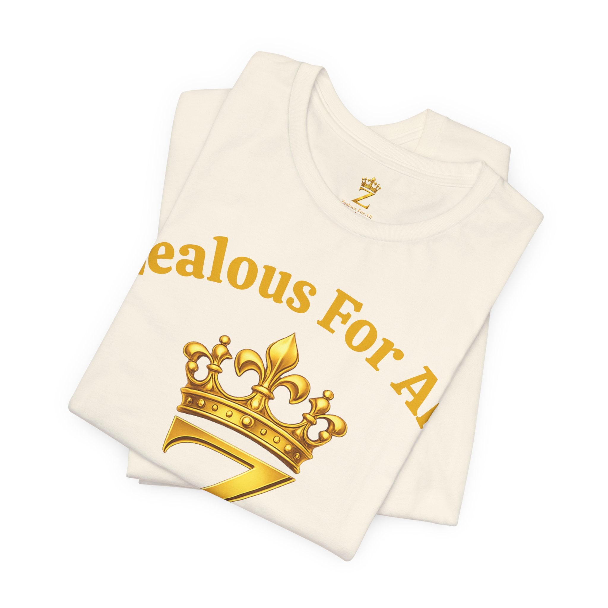 Unisex Luxury Zealous For All T-Shirt (Gold/White Words, Big Logo T-shirt) Printify