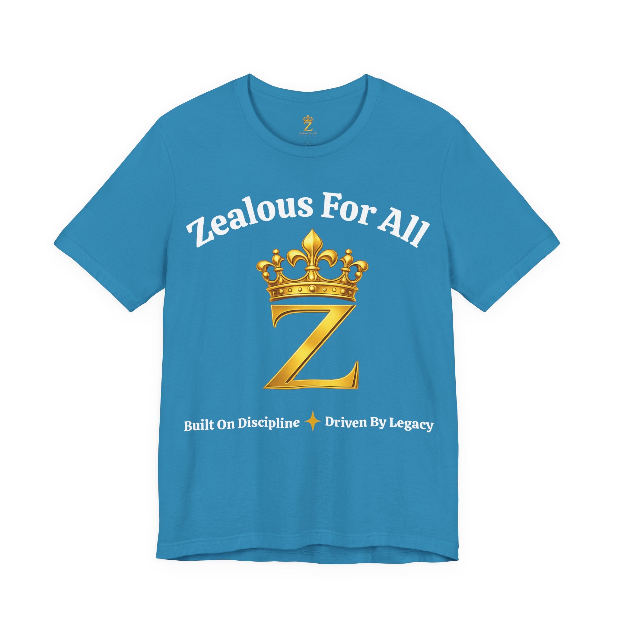 Unisex Luxury Zealous For All T-Shirt (Gold/White Words, Big Logo T-shirt) Printify