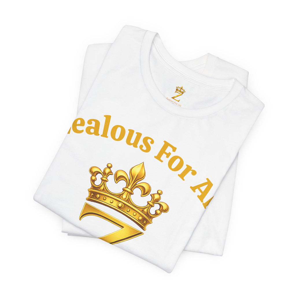 Unisex Luxury Zealous For All T-Shirt (Gold/White Words, Big Logo T-shirt) Printify