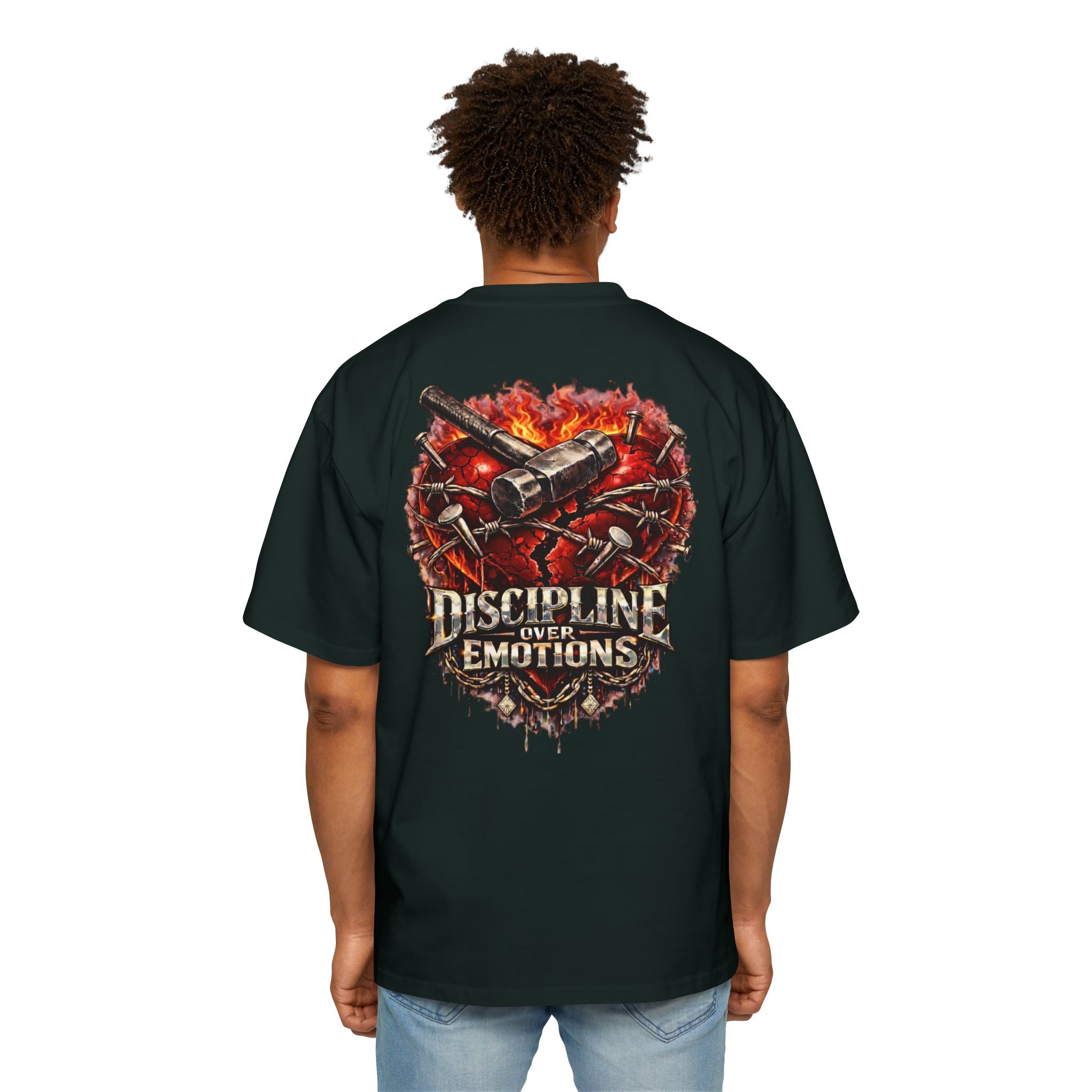 Oversized Discipline Over Emotions (Back) Graphic Tee (Red Heart) Printify