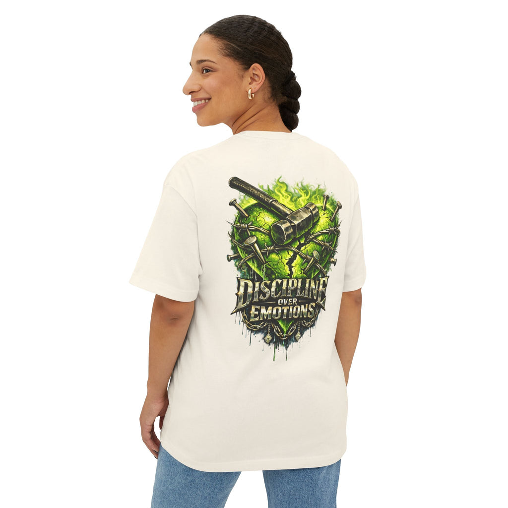 Adult *Oversized* Discipline Over Emotions (Back) Graphic Tee (Lime Green Heart) Printify