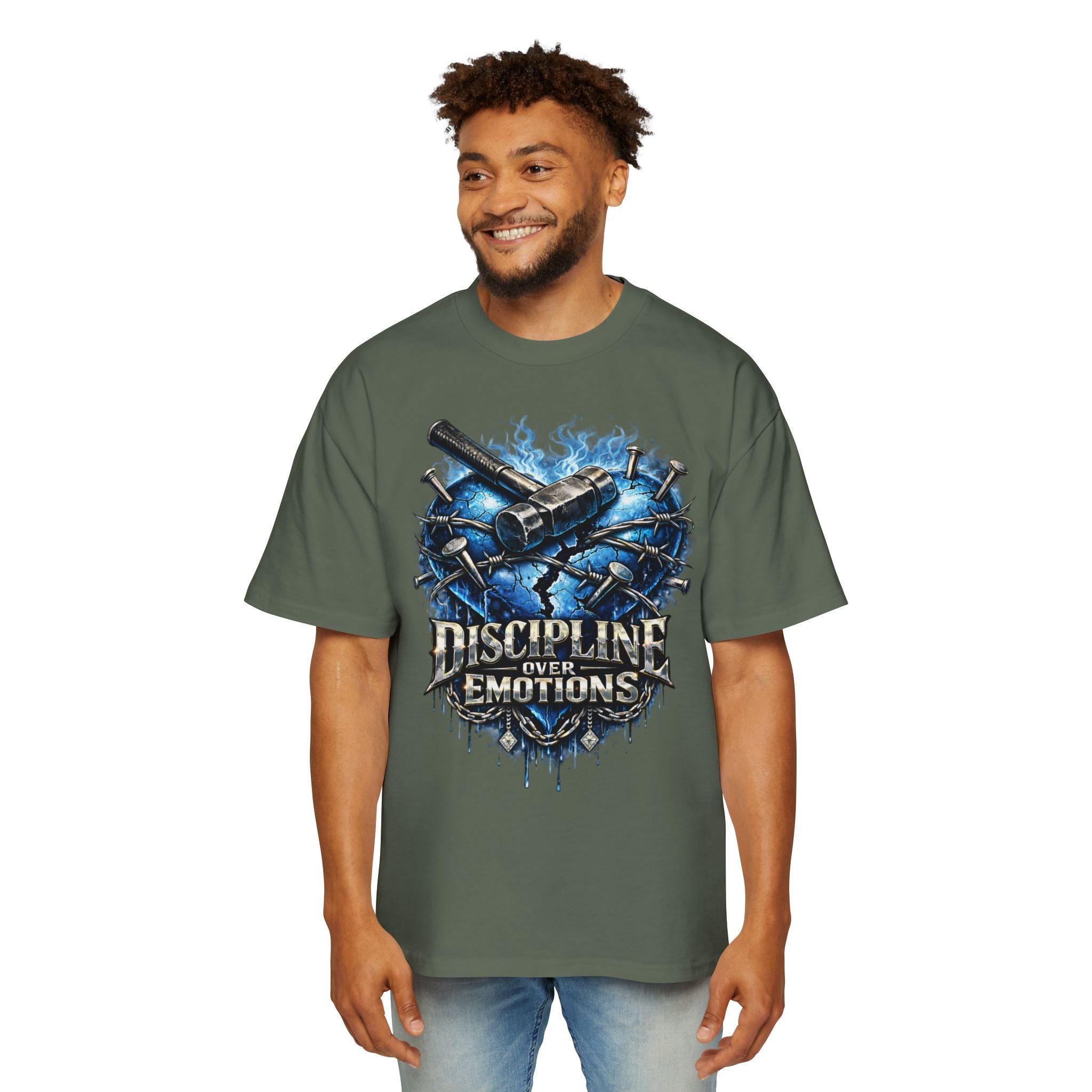 Oversized Discipline Over Emotions Graphic T-Shirt (Blue Heart) Printify