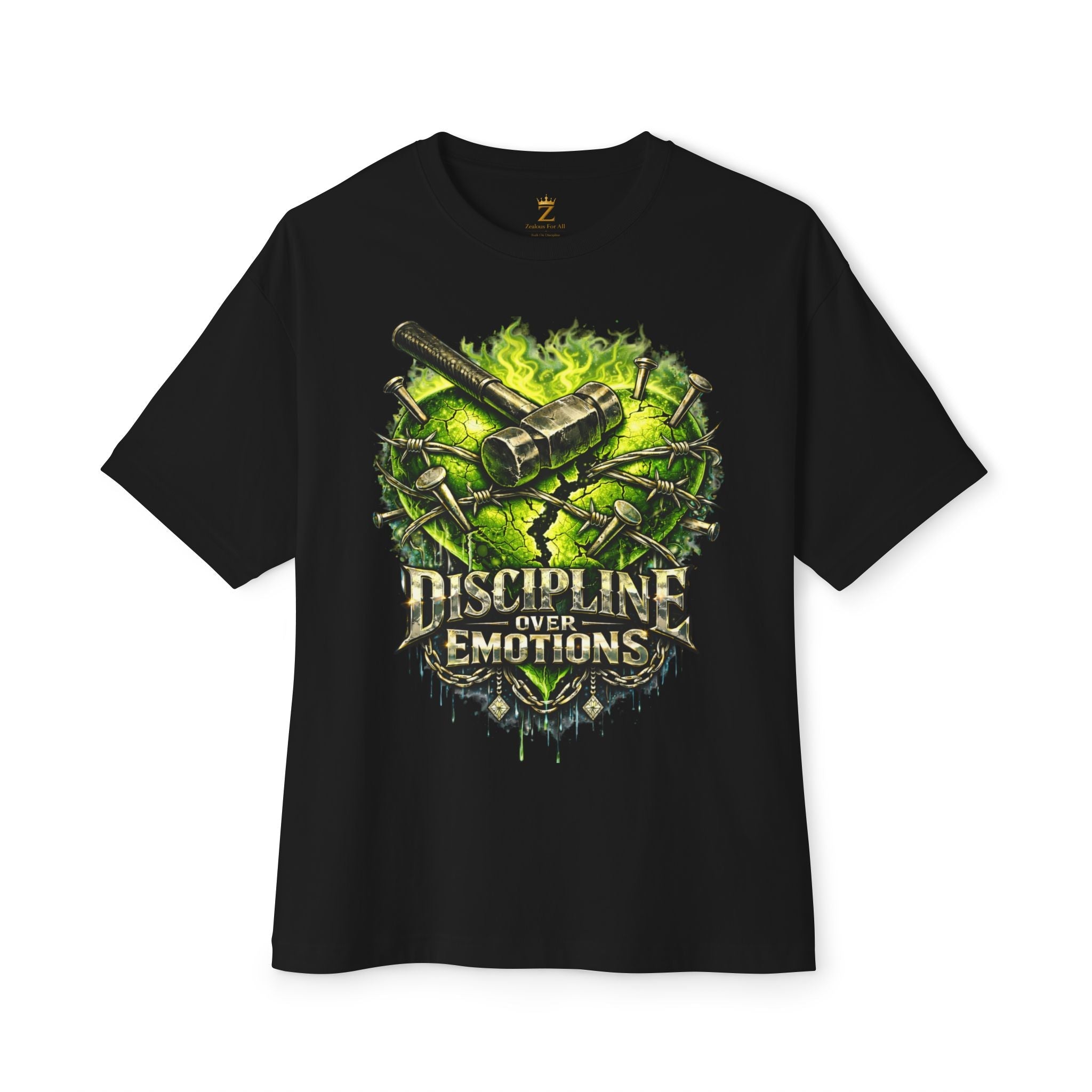 Adult *Oversized* Discipline Over Emotions Graphic Tee (Green Heart) Printify