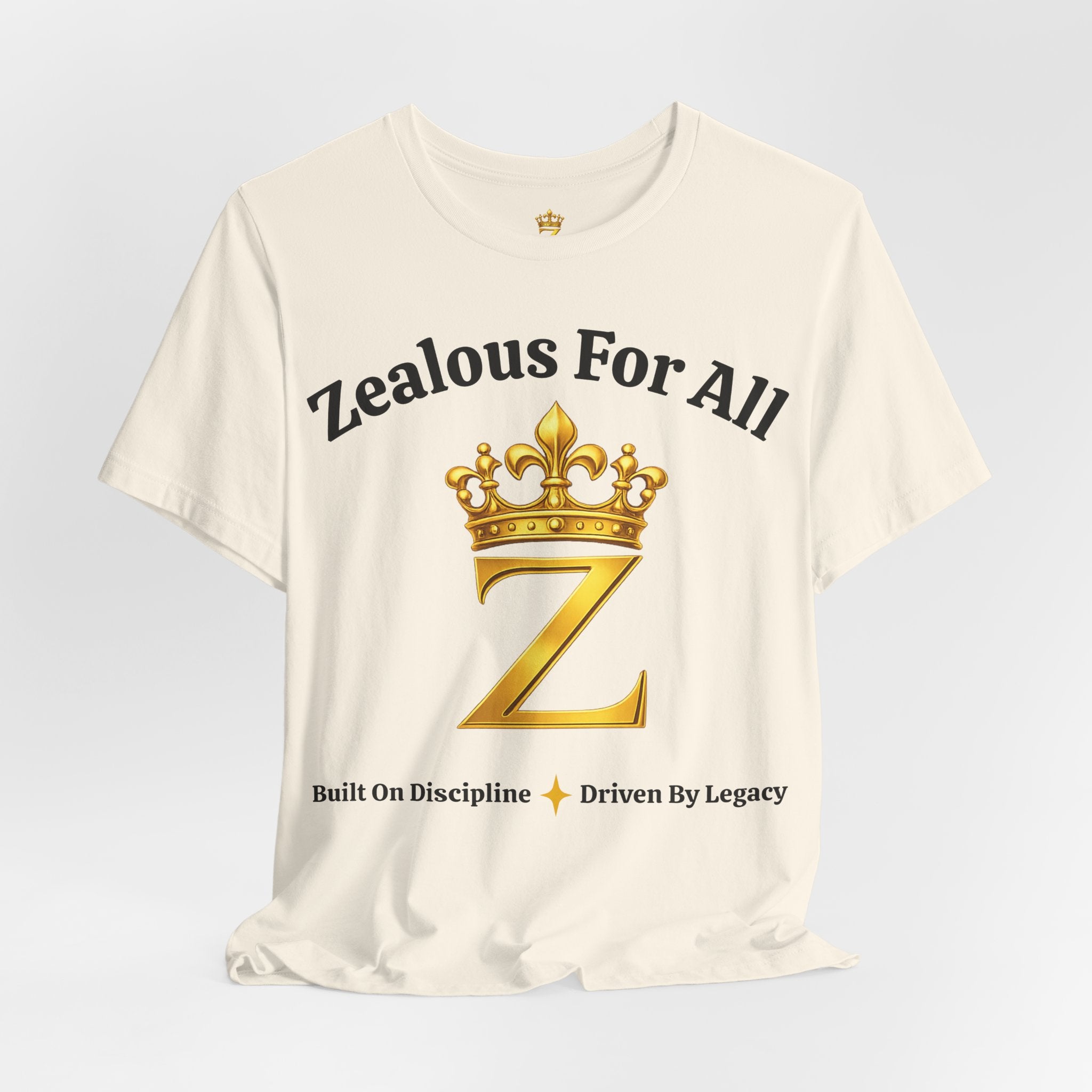 Unisex Luxury Zealous For All T-Shirt (Gold/Black Words, Big Logo T-shirt) Printify