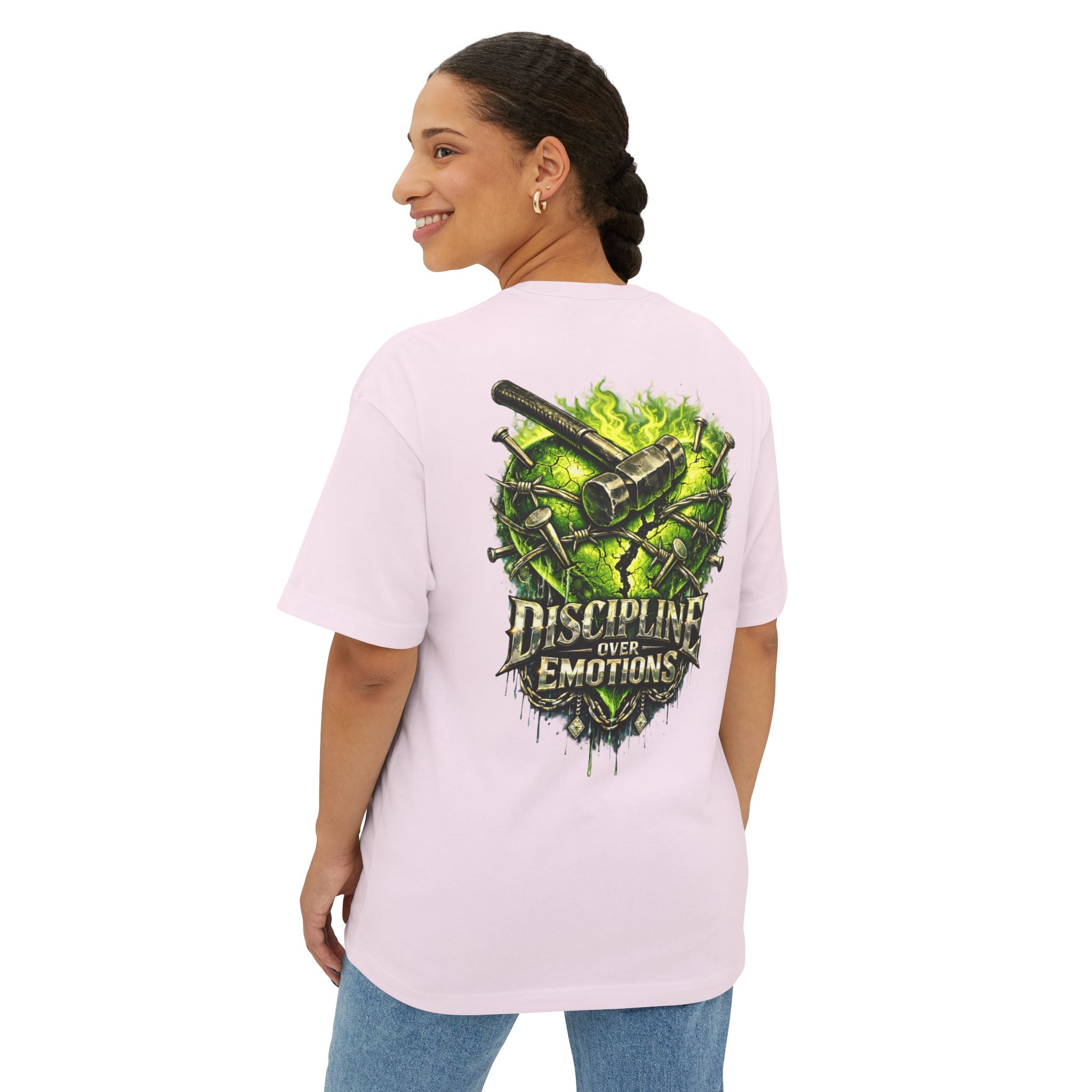 Adult *Oversized* Discipline Over Emotions (Back) Graphic Tee (Lime Green Heart) - Zealous For All